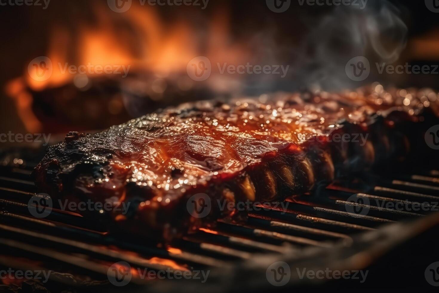 bbq costolette grigliato costolette su griglia grattugiare con fuoco avvicinamento Visualizza estate picnic all'aperto tecnologia. ai generato foto