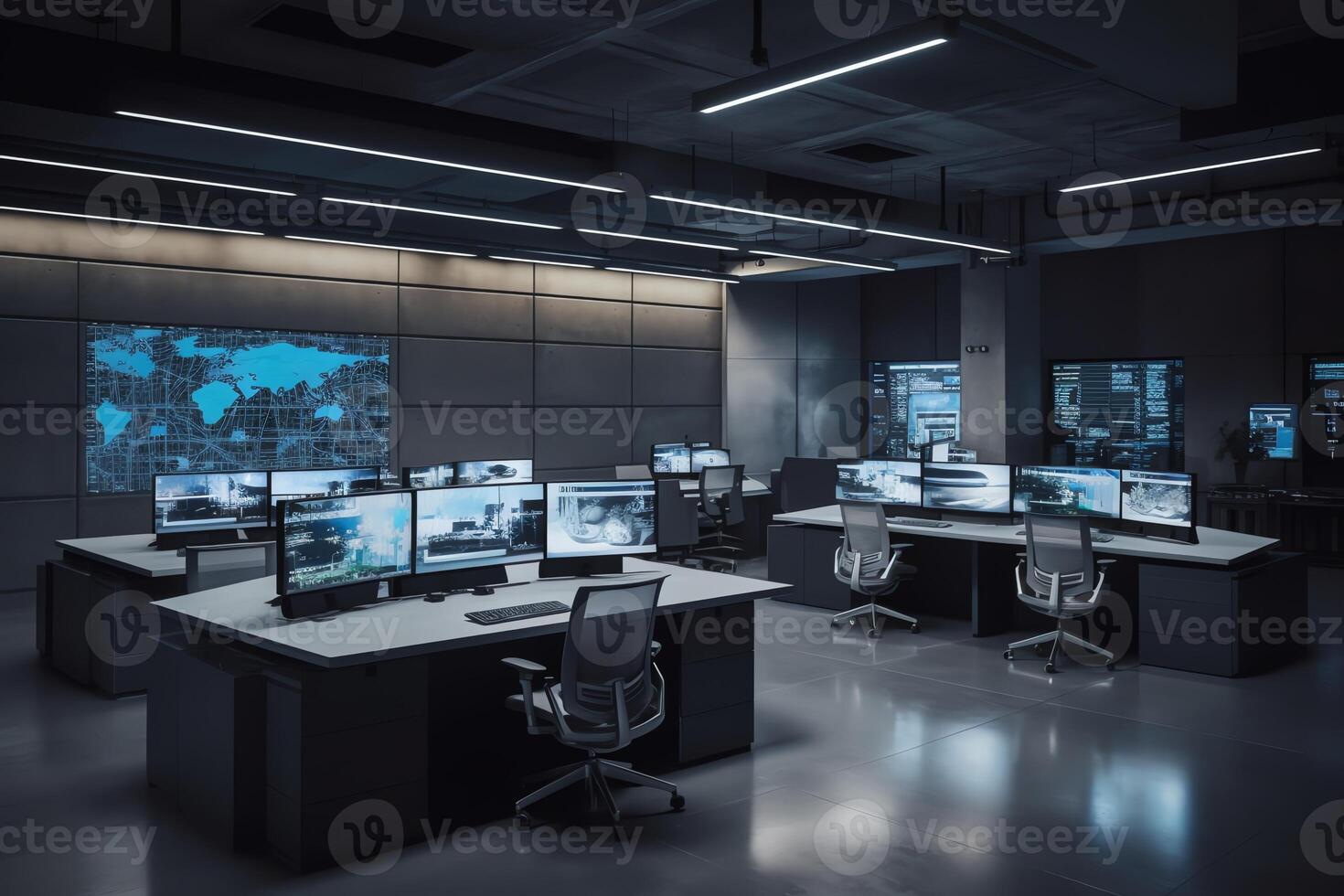 vuoto interno di grande moderno sicurezza sistema controllo camera stazione di lavoro con multiplo viene visualizzato monitoraggio camera con a sicurezza dati centro vuoto ufficio scrivania e sedie. ai generato foto