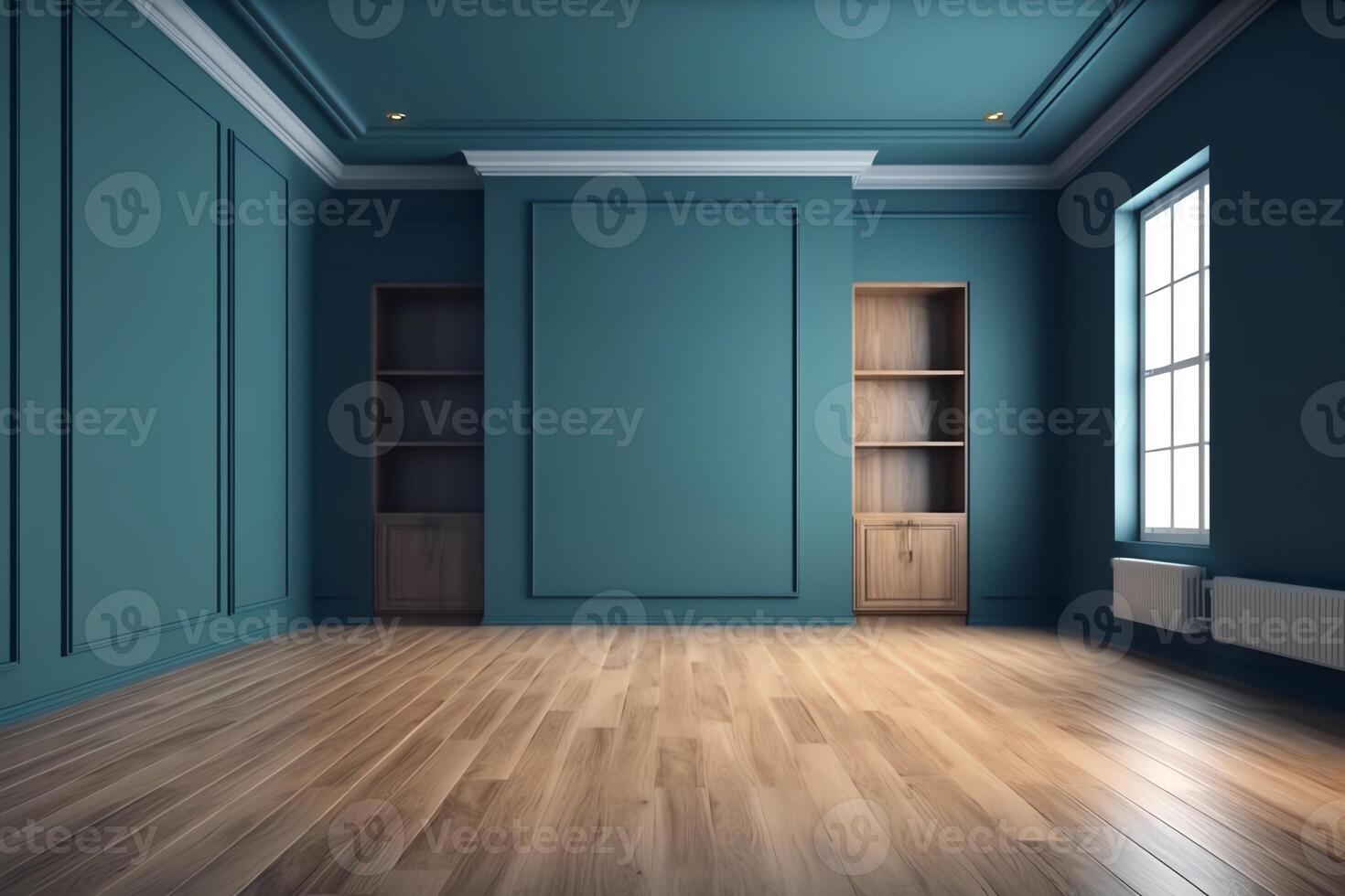 moderno interno vuoto camera scandinavo stile legna pavimentazione e blu parete 3d resa. ai generato foto