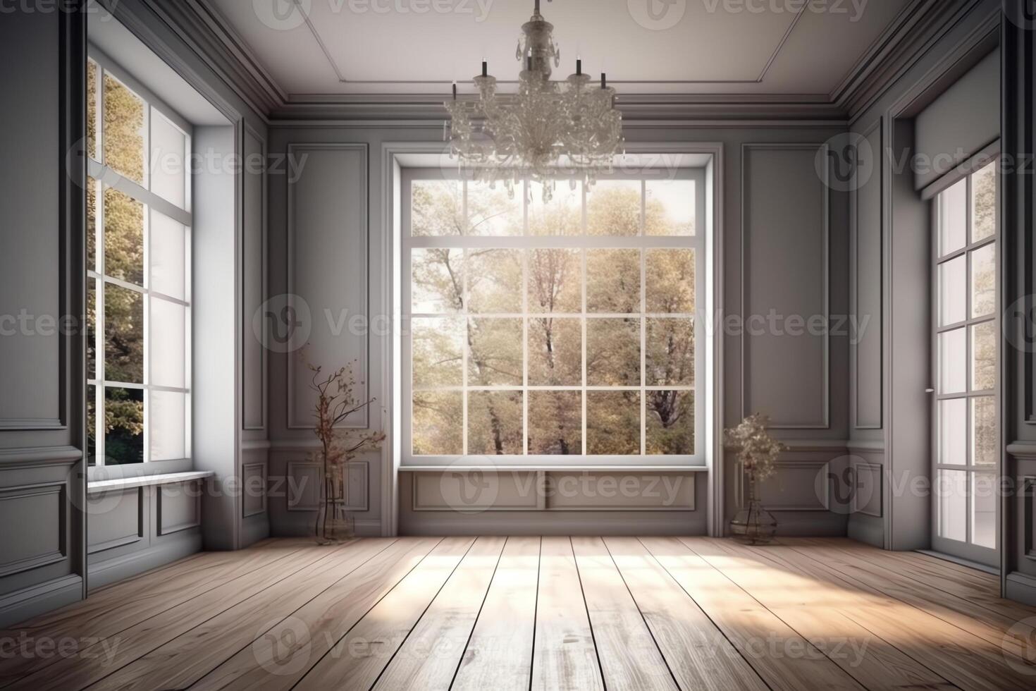classico vuoto camera interno 3d rendere il camere avere di legno piani e grigio muri decorare con bianca modanatura Là siamo bianca finestra guardare su per il natura Visualizza. ai generato foto