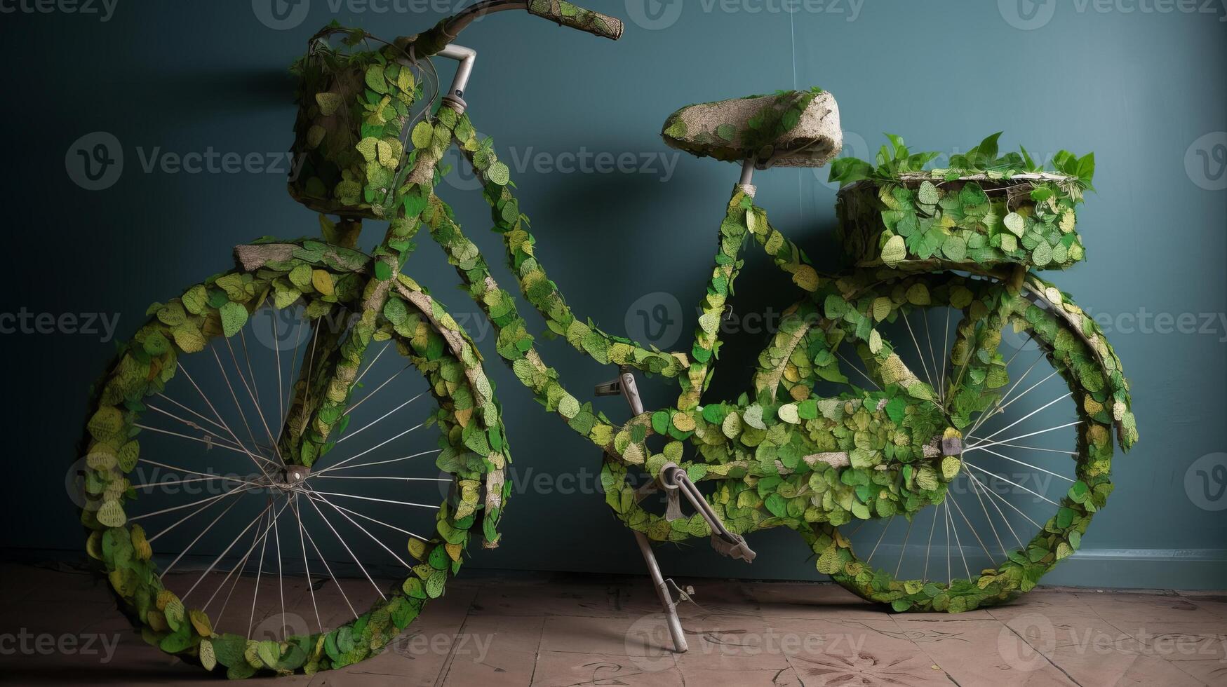 bicicletta assicurato con verde foglia squillo, eco e ambiente concetto. creativo risorsa, ai generato foto