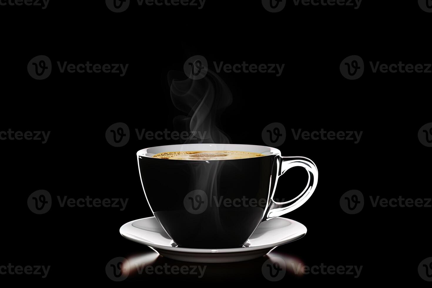 vicino su un' tazza di un' nero caldo caffè con Fumo su nero sfondo. ai generato foto