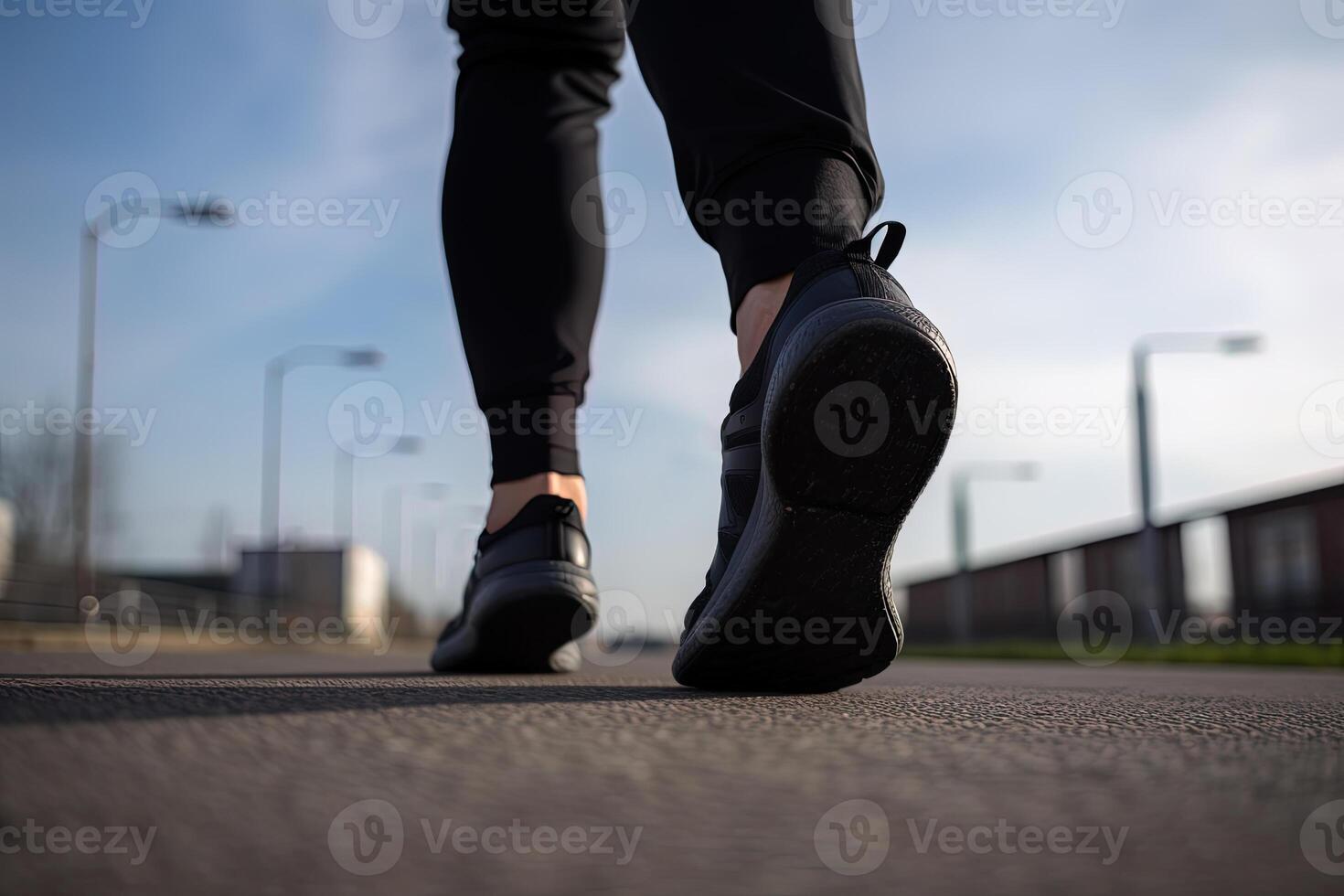 gambe Visualizza di un' persona a piedi su il strada indossare gli sport scarpe. ai generato foto