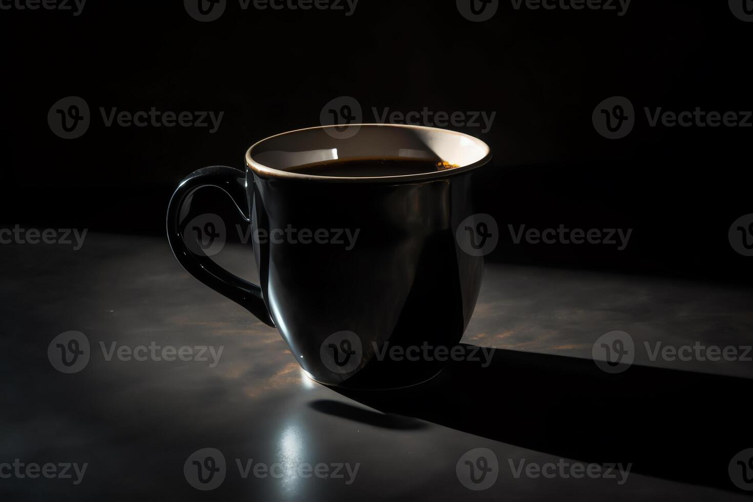 un' nero caffè boccale è mostrato su un' buio sfondo con un' ombra su il terra e un' nero sfondo con un' nero caffè boccale su esso. ai generato foto