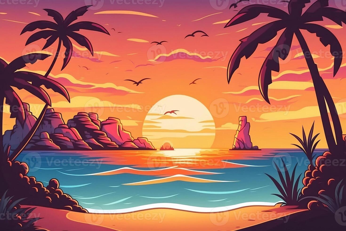 tropicale spiaggia con oceano tramonto e palma alberi, cartone animato estate Visualizza, illustrazione con estate sfondo, generativo ai foto