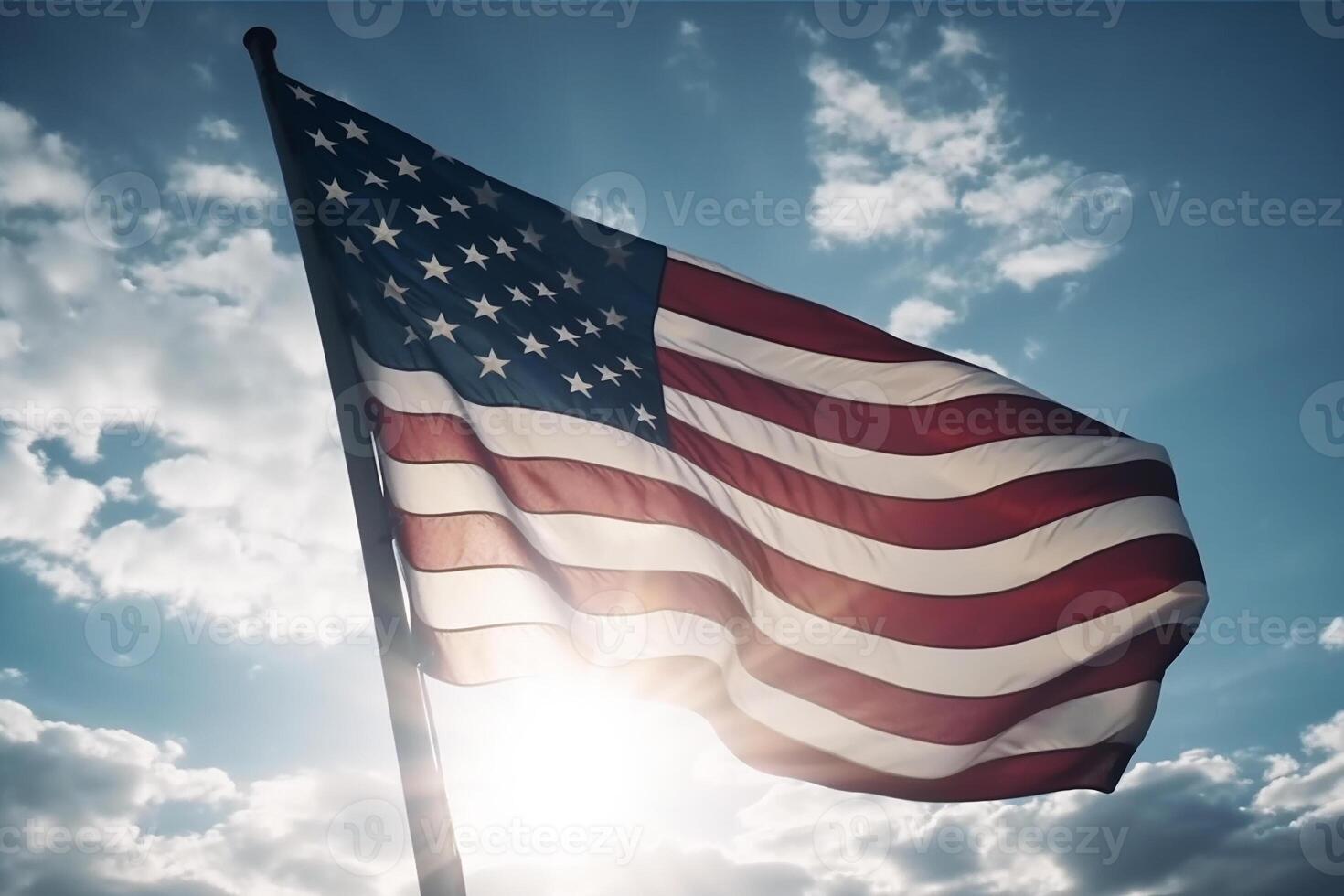 un americano bandiera su un' pennone contro un' blu cielo. generativo ai foto