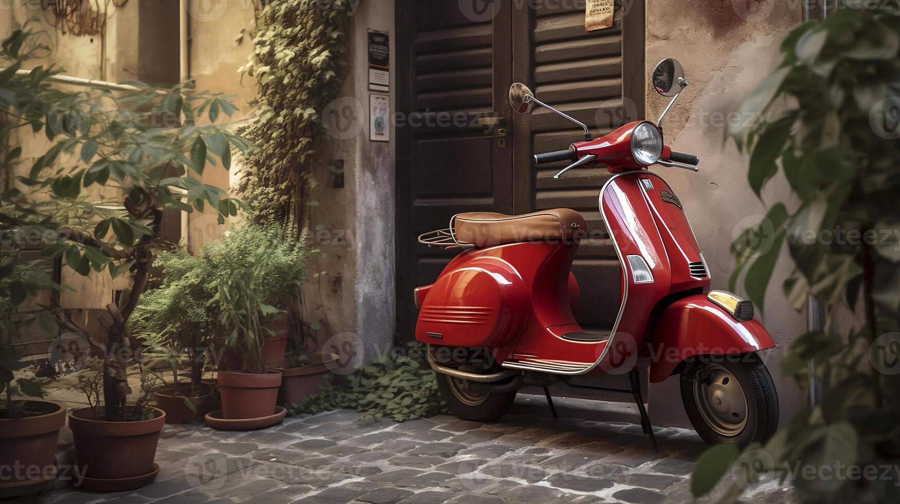 rosso vespa 50 speciale parcheggiata nel un vicolo nel davanti di un' periodo porta e pentole con impianti. generativo ai, foto