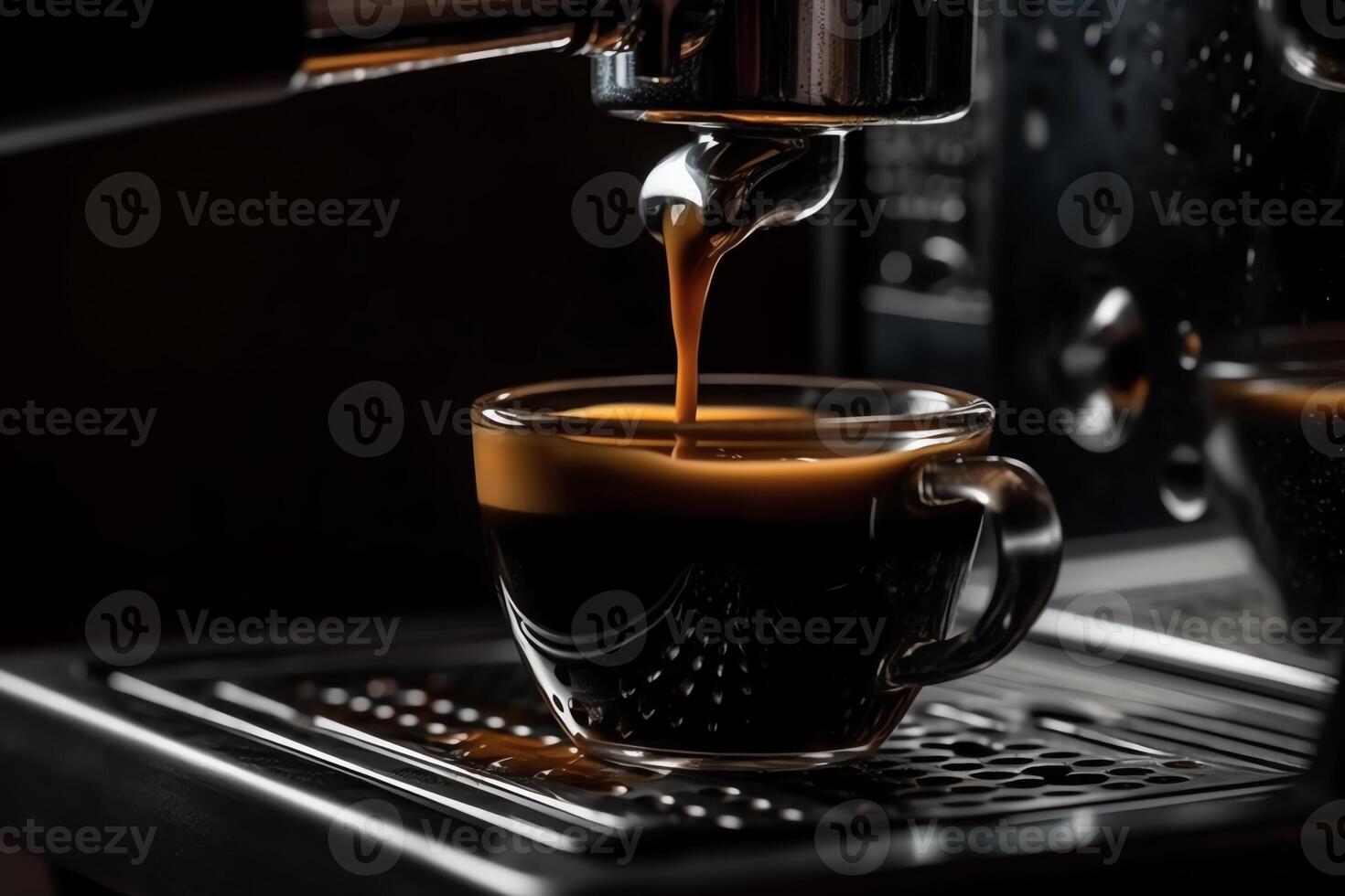 caffè espresso macchina versa fresco nero caffè avvicinamento. ai generato foto