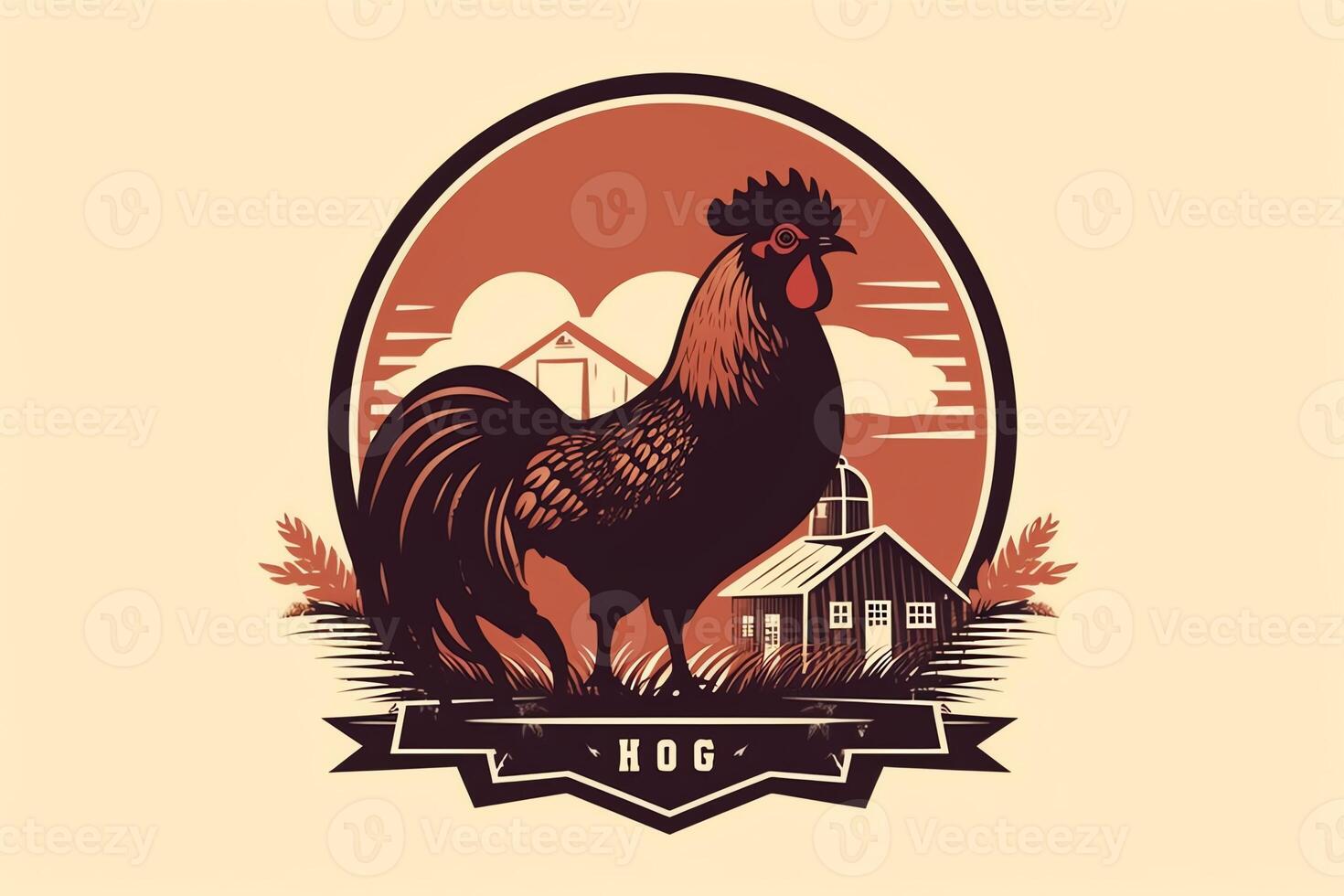 Gallo e fienile con recinto e erba nel silhouette Vintage ▾ logo vettore illustrazione design. ai generato foto