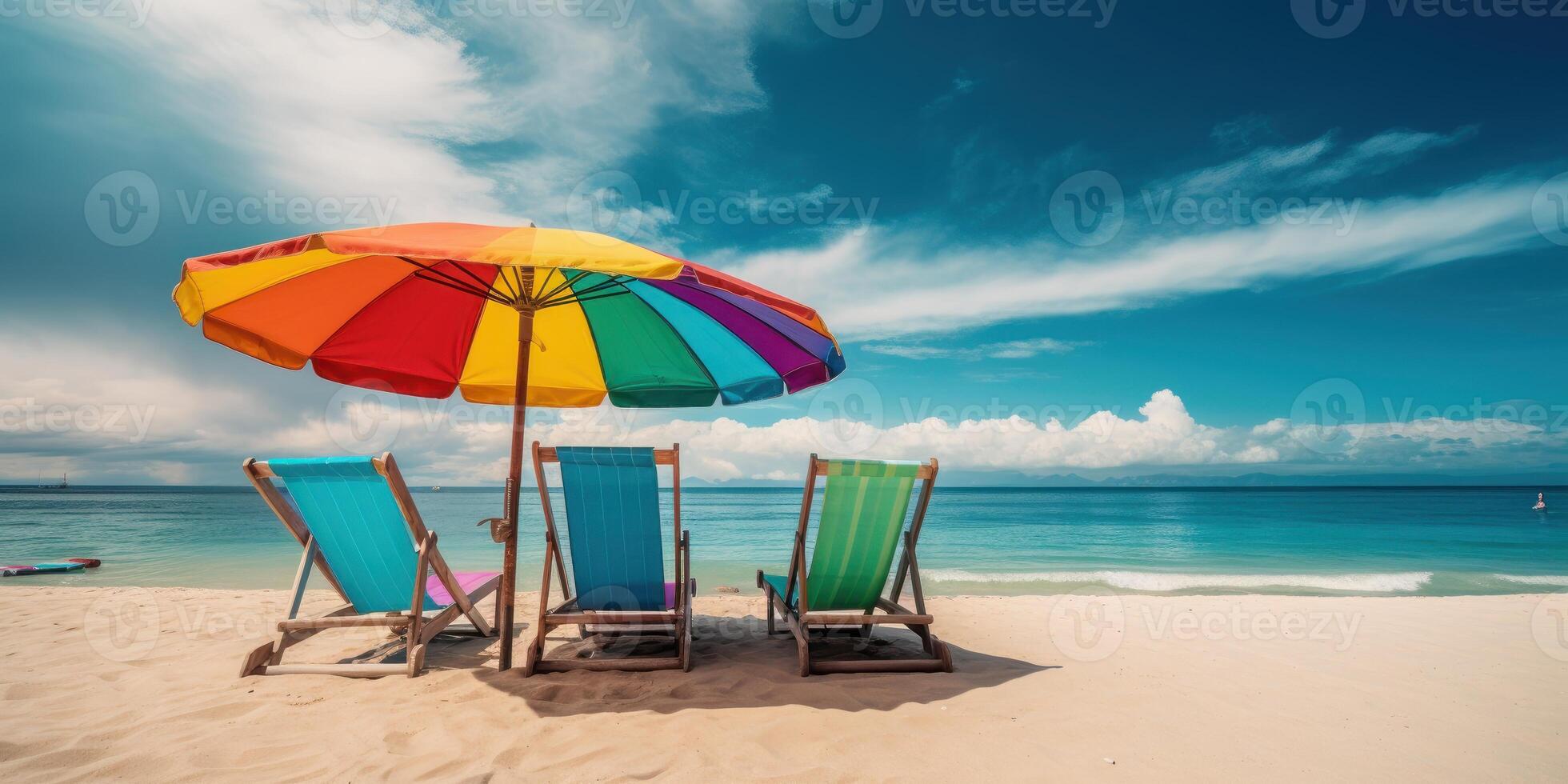 estate sedia e ombrello su tropicale mare e spiaggia con blu cielo sfondo. generativo ai foto