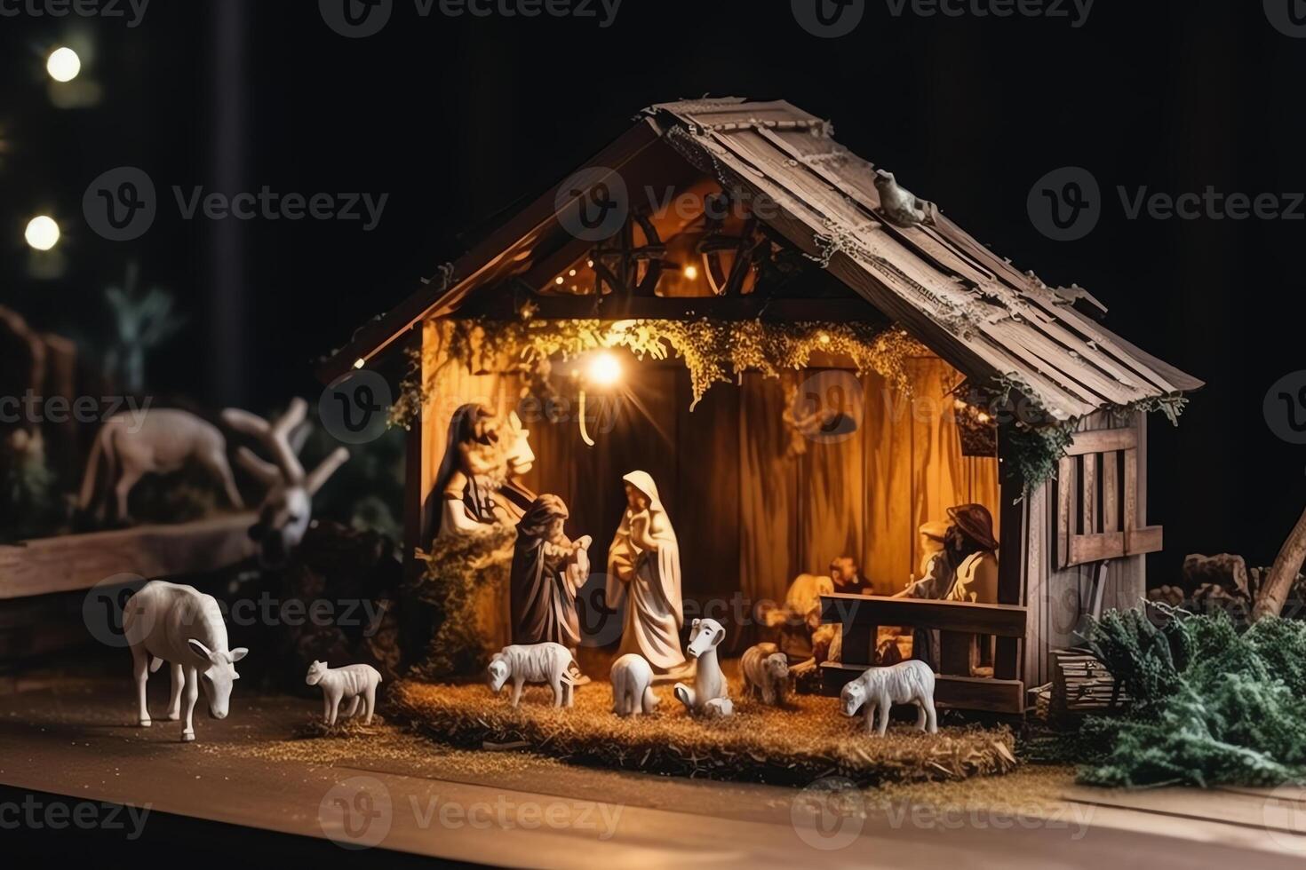 Natale nascita di Gesù Natività scena con fienile e animali. ai generato foto