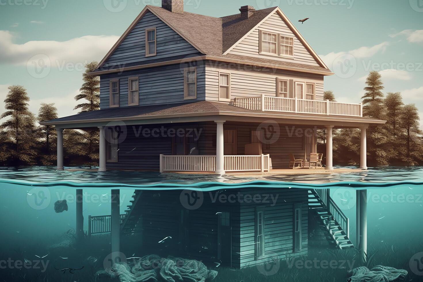 Casa sotto acqua 3d illustrazione. ai generato foto