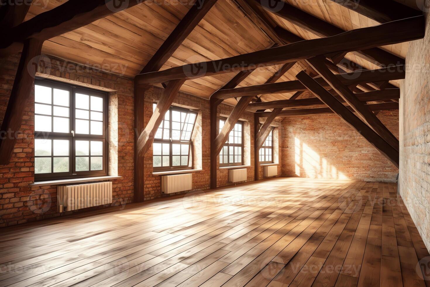 vuoto camera soffitta interno con grande finestra bianca muri mattoni di legno travi e pavimento. ai generato foto