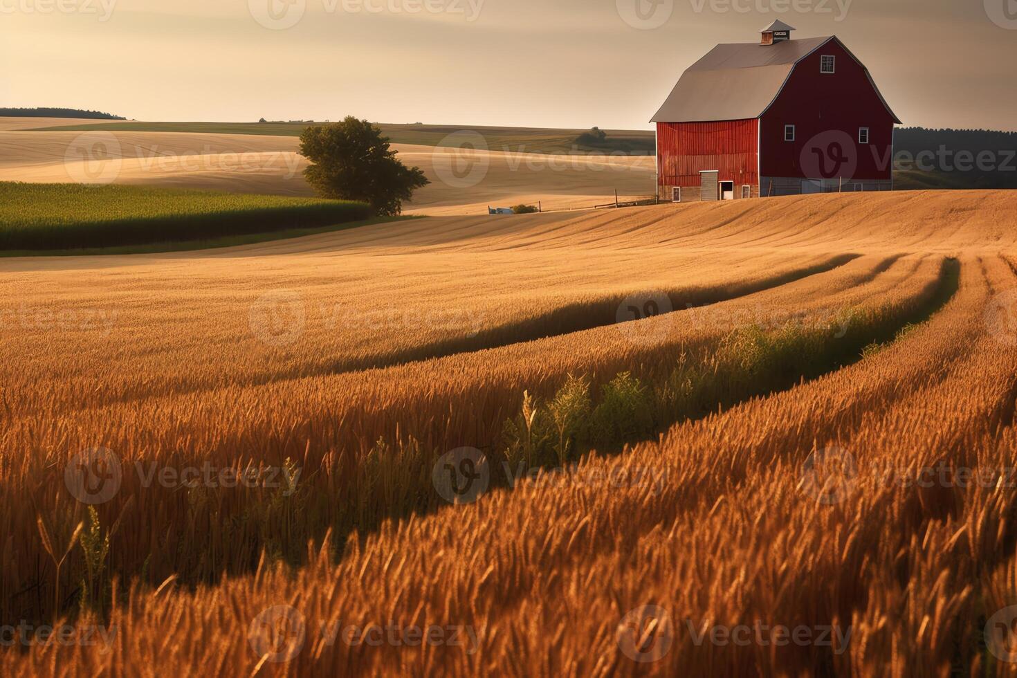 bellissimo paesaggio scena di un' azienda agricola rosso fienile Il prossimo per i campi di Grano. ai generato foto