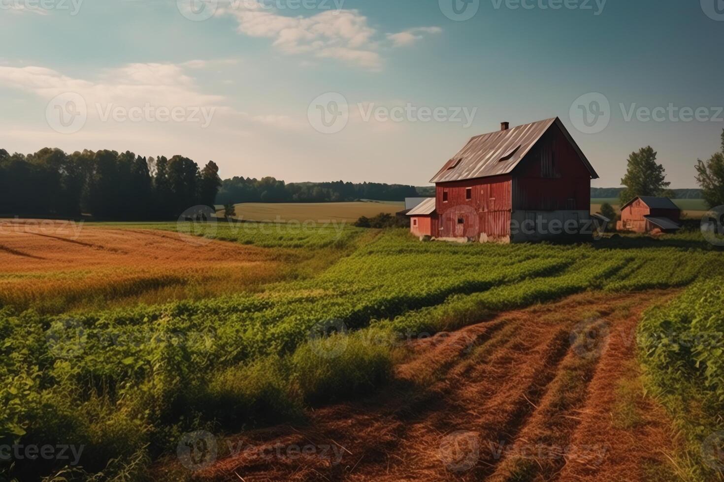 i campi con un' rosso fienile nel il estate campagna campagna ambientazione azienda agricola costruzione azienda agricola educazione. ai generato foto