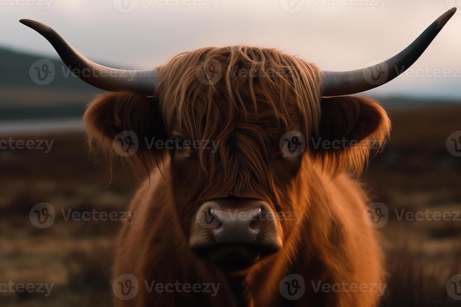 ritratto di un' Marrone Scozzese montanaro bestiame mucca con lungo corna nel natura. ai generato foto