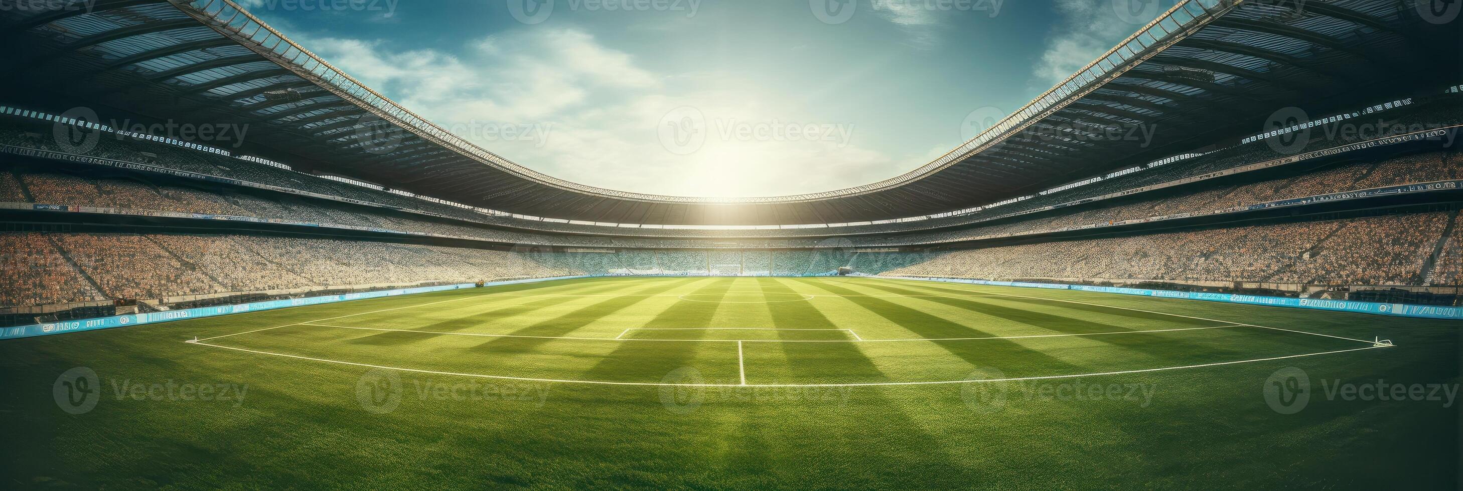 calcio o calcio stadio con verde campo e blu cielo. generativo ai foto