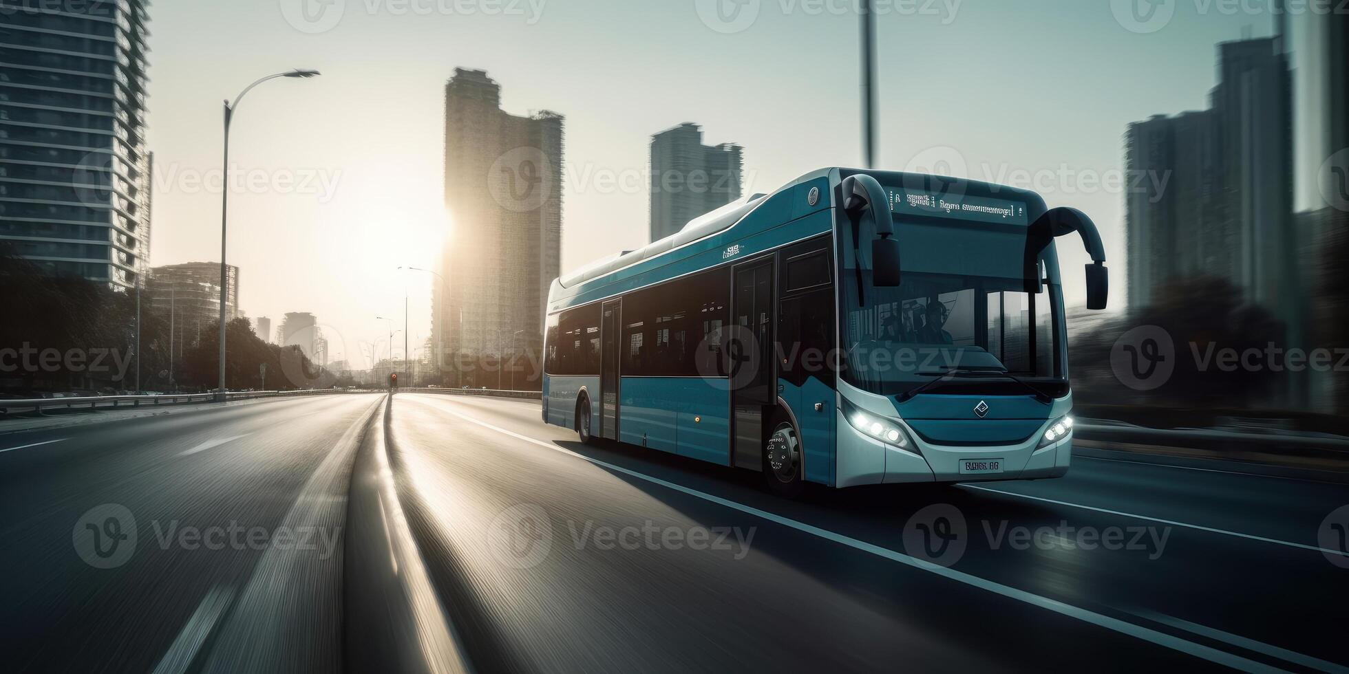 autobus guida su il strada con paesaggio urbano movimento sfocatura sfondo. in viaggio e trasporto. generativo ai foto