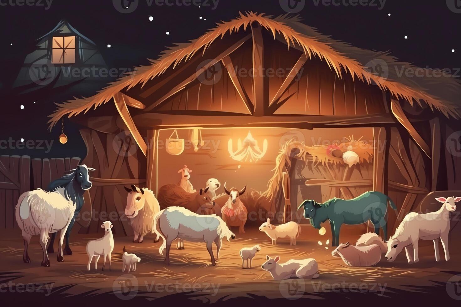 Natale nascita di Gesù Natività scena con fienile e animali. ai generato foto