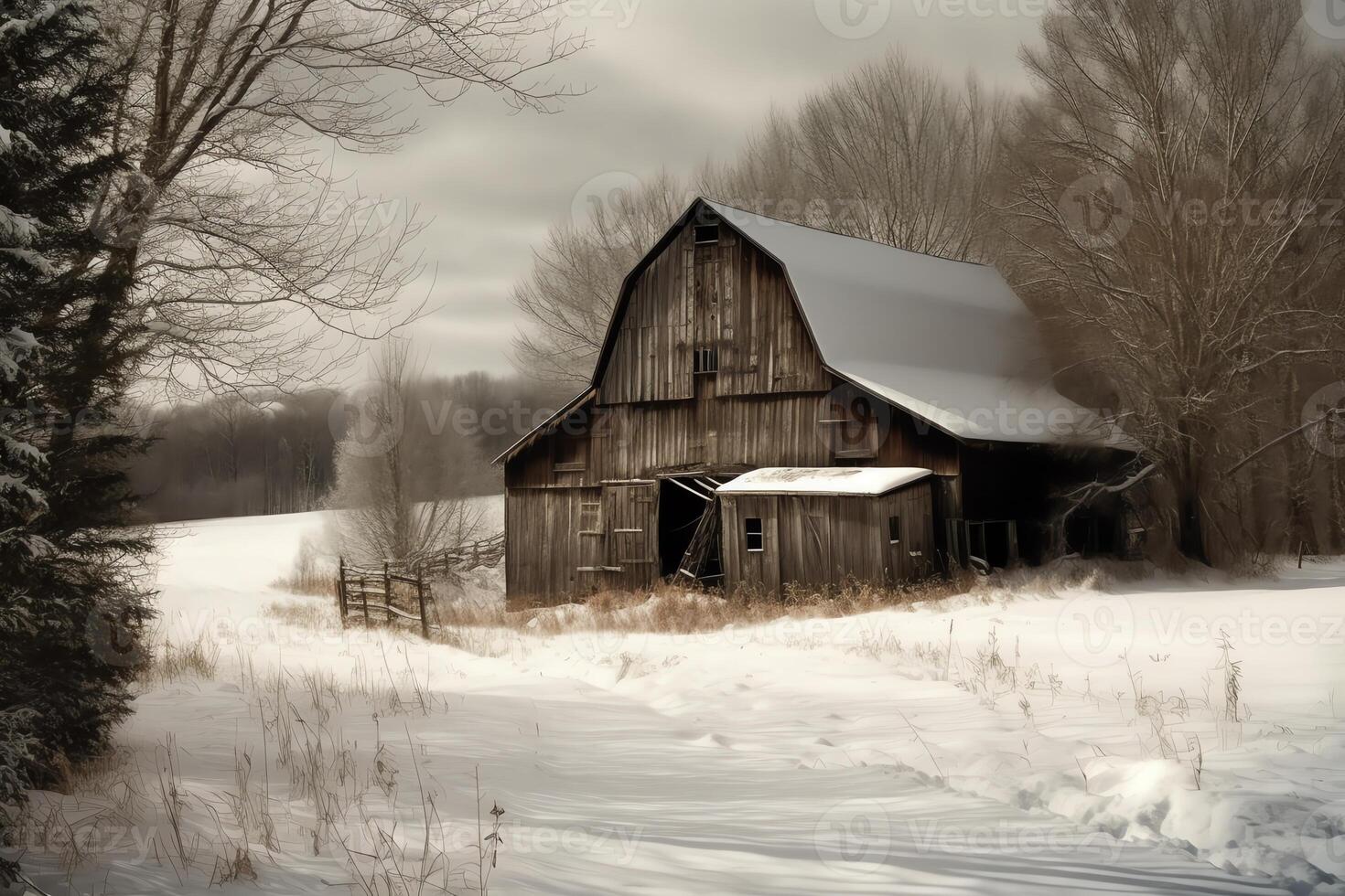 fienile nel inverno. ai generato foto