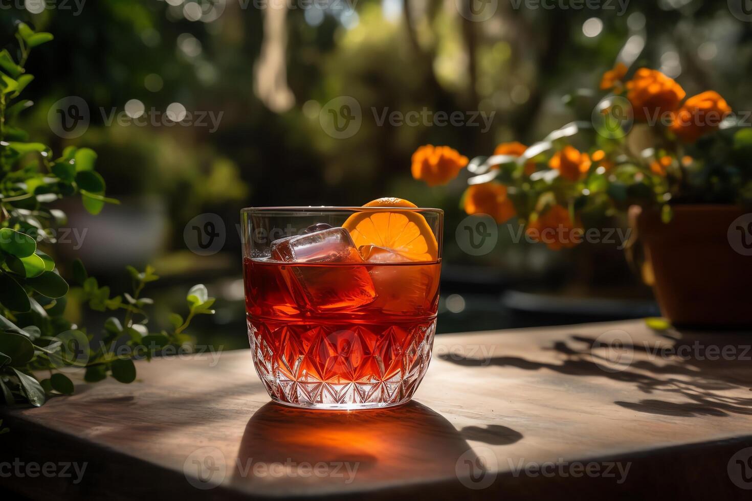 negroni cocktail foto prese al di fuori vicino bellissimo giardino nel bar grande su suo proprio sociale media o un' manifesto paesaggio. ai generato