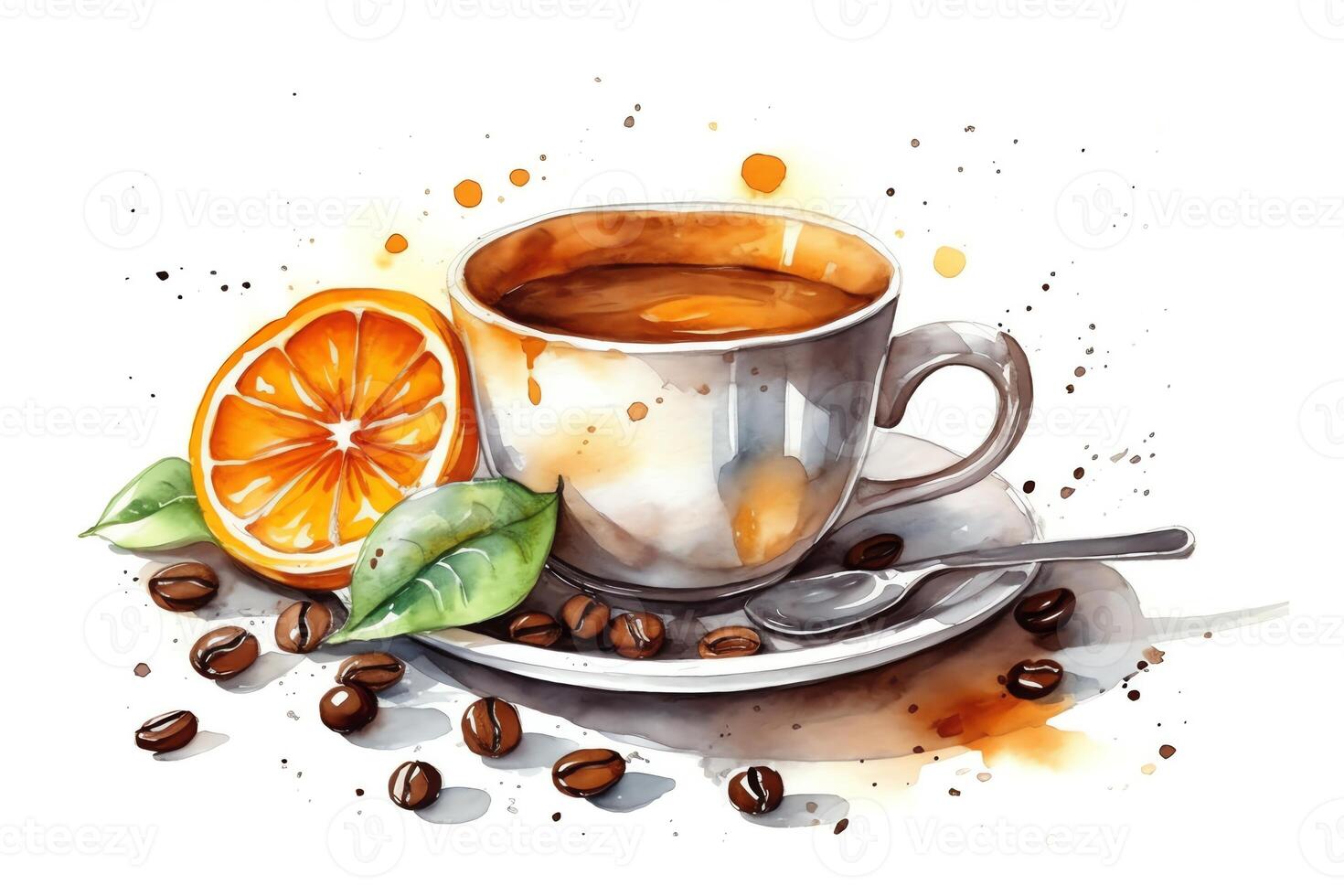 tazza di mattina caffè con caffè fagioli acquerello mano disegnato illustrazione isolato su bianca sfondo. ai generato foto