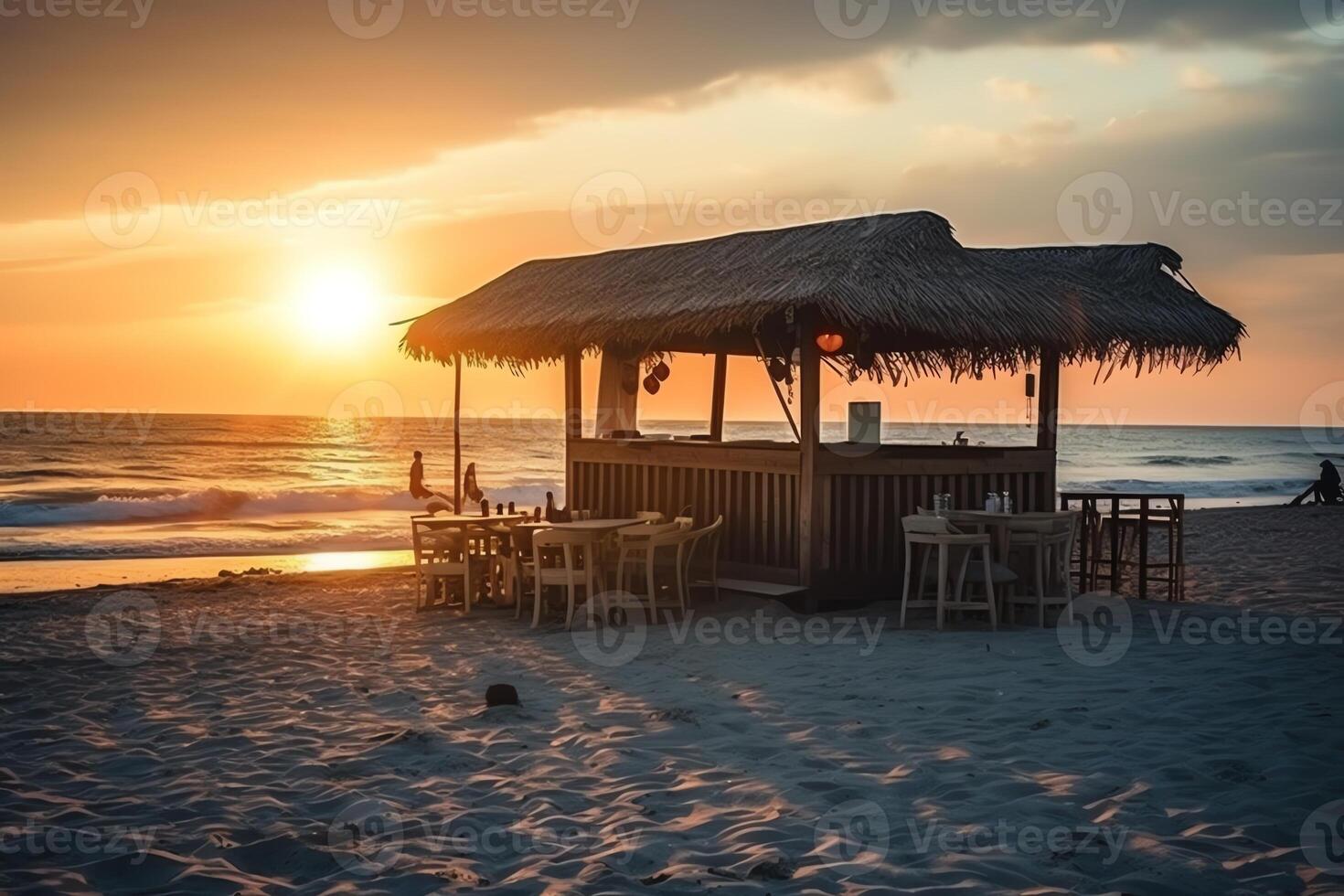 bellissimo romantico spiaggia bar con paesaggio marino a tramonto o Alba idea Perfetto estate vacanza sfondo sfondo. ai generato foto