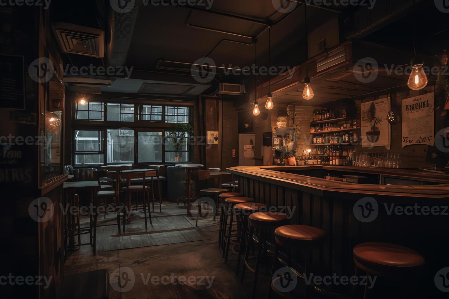 un' debolmente illuminato ristorante con sedie e un' bar nel il sfondo con luci sospeso a partire dal il soffitto e sospeso a partire dal il soffitto con un' bar nel il mezzo di il mezzo. ai generato foto