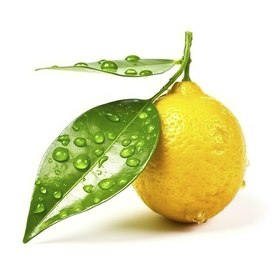 agrume Limone foglia con acqua gocce isolato su bianca sfondo, creare ai foto