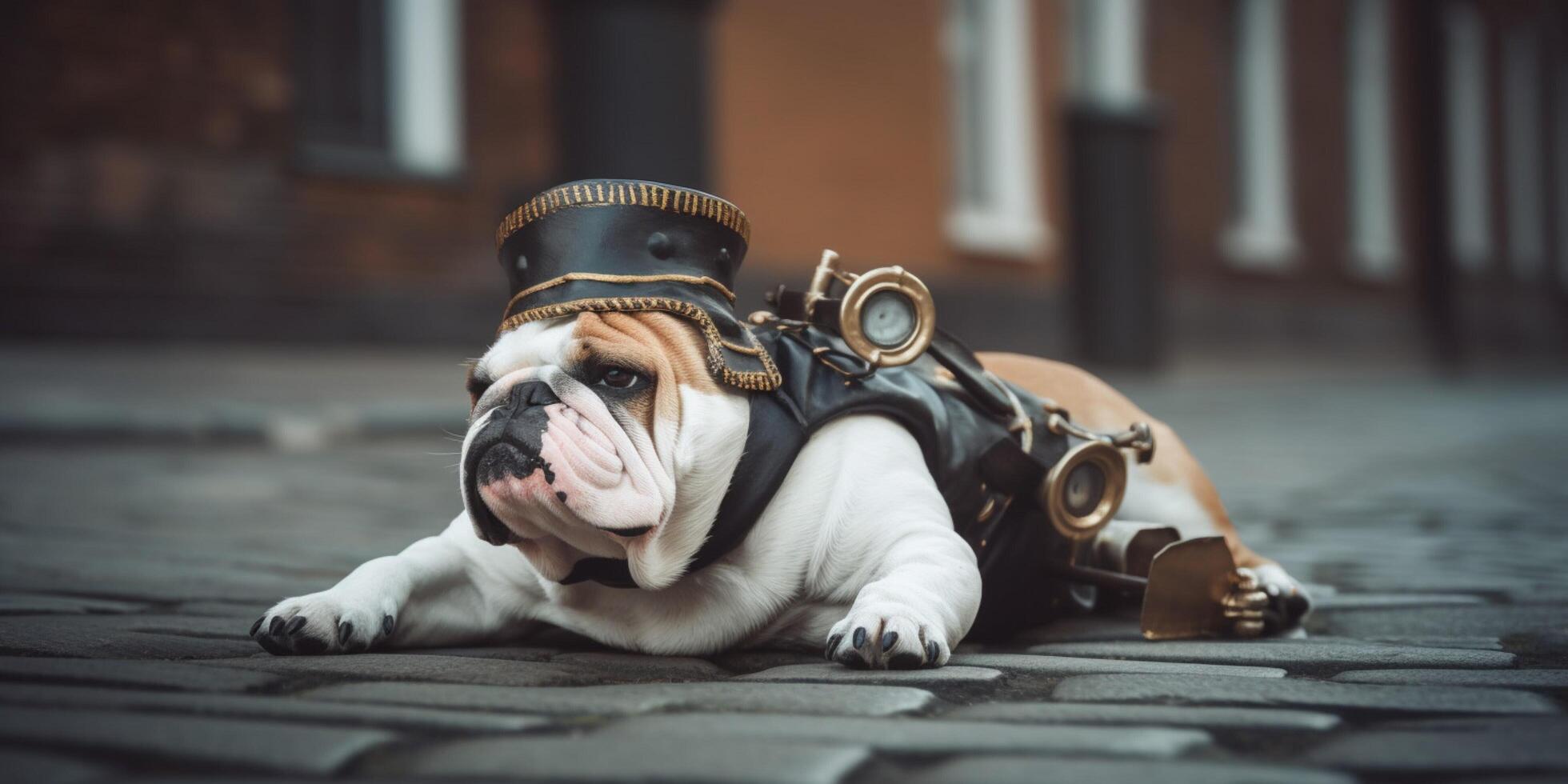 irritato stanco bulldog recitazione come un' uomo ai generato foto