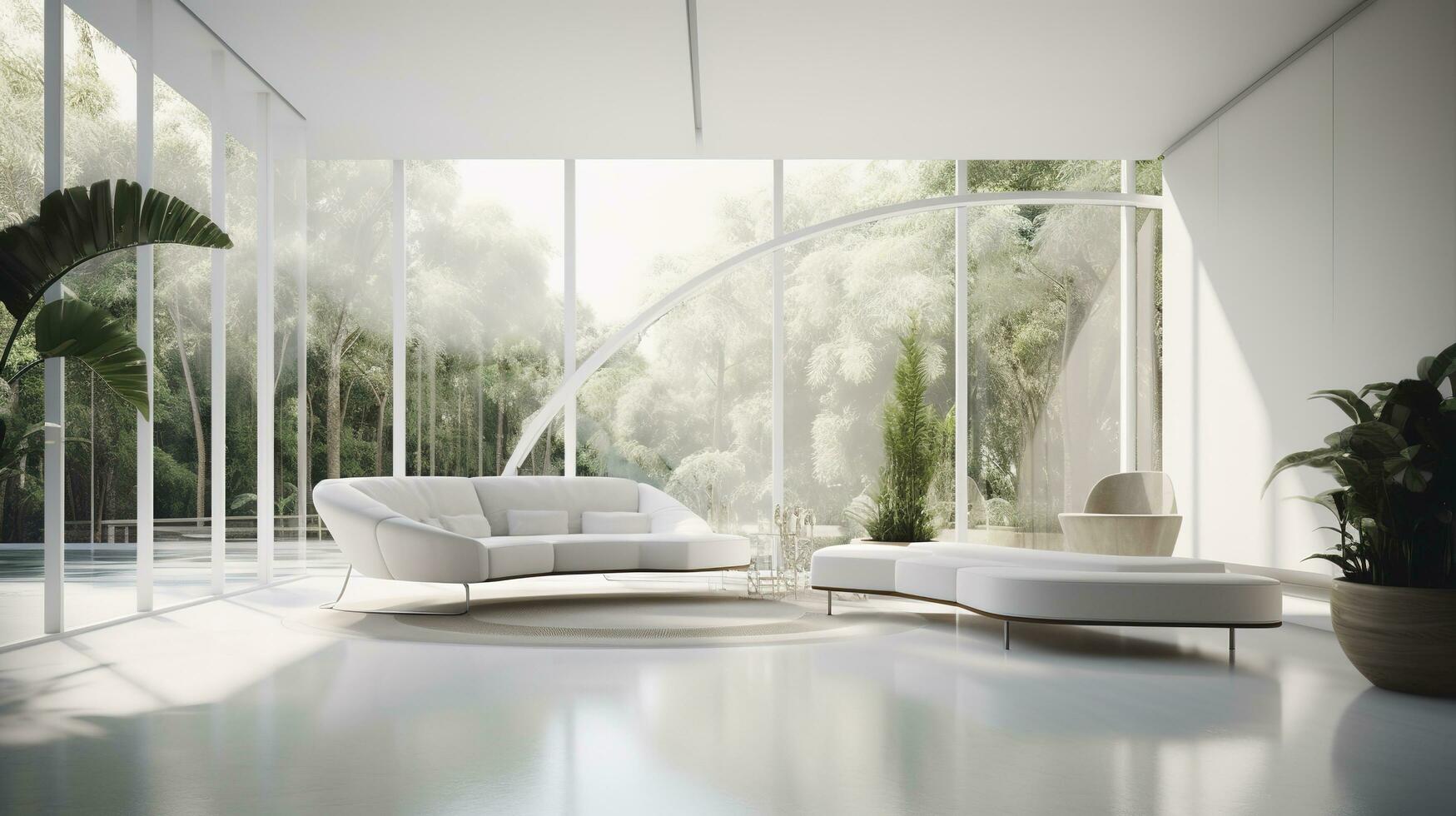 un' futuristico bianca minimo interno di un' vivente camera, lussuoso interno, extra grande divano disegno, tropicale impianti, Visualizza prospiciente il naturale paesaggio, e moderno nuoto piscina, creare ai foto