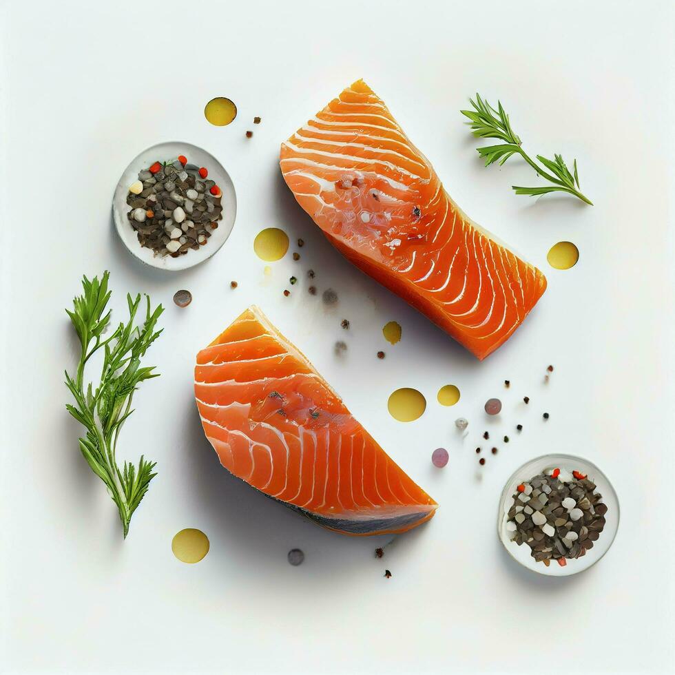 sfondo crudo salmone bistecche con fresco condimenti su bianca sfondo, superiore Visualizza, telaio, superiore Visualizza, bianca sfondo, largo foto, creare ai foto