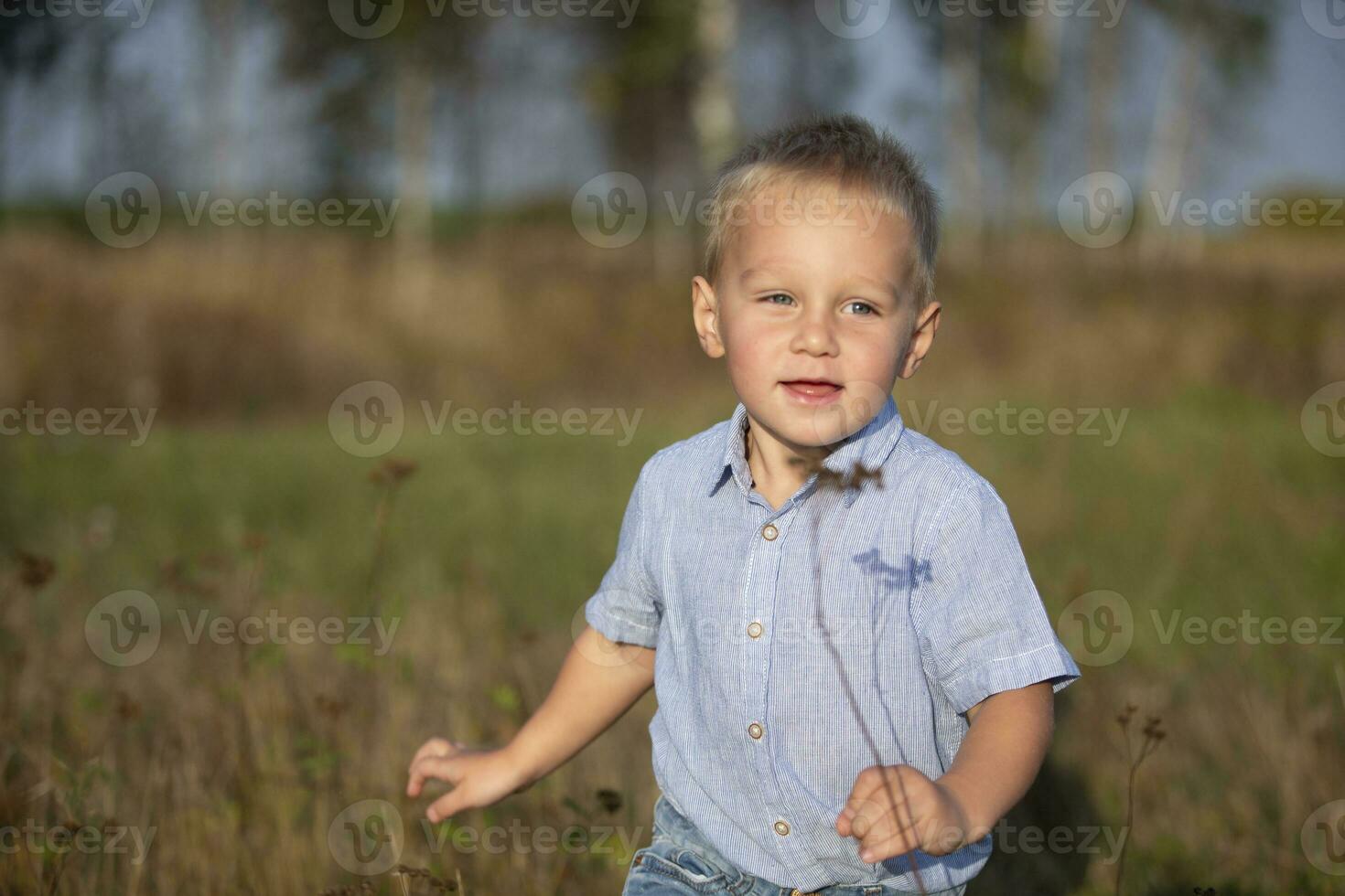 bello poco ragazzo con biondo capelli è giocando nel il campo. foto