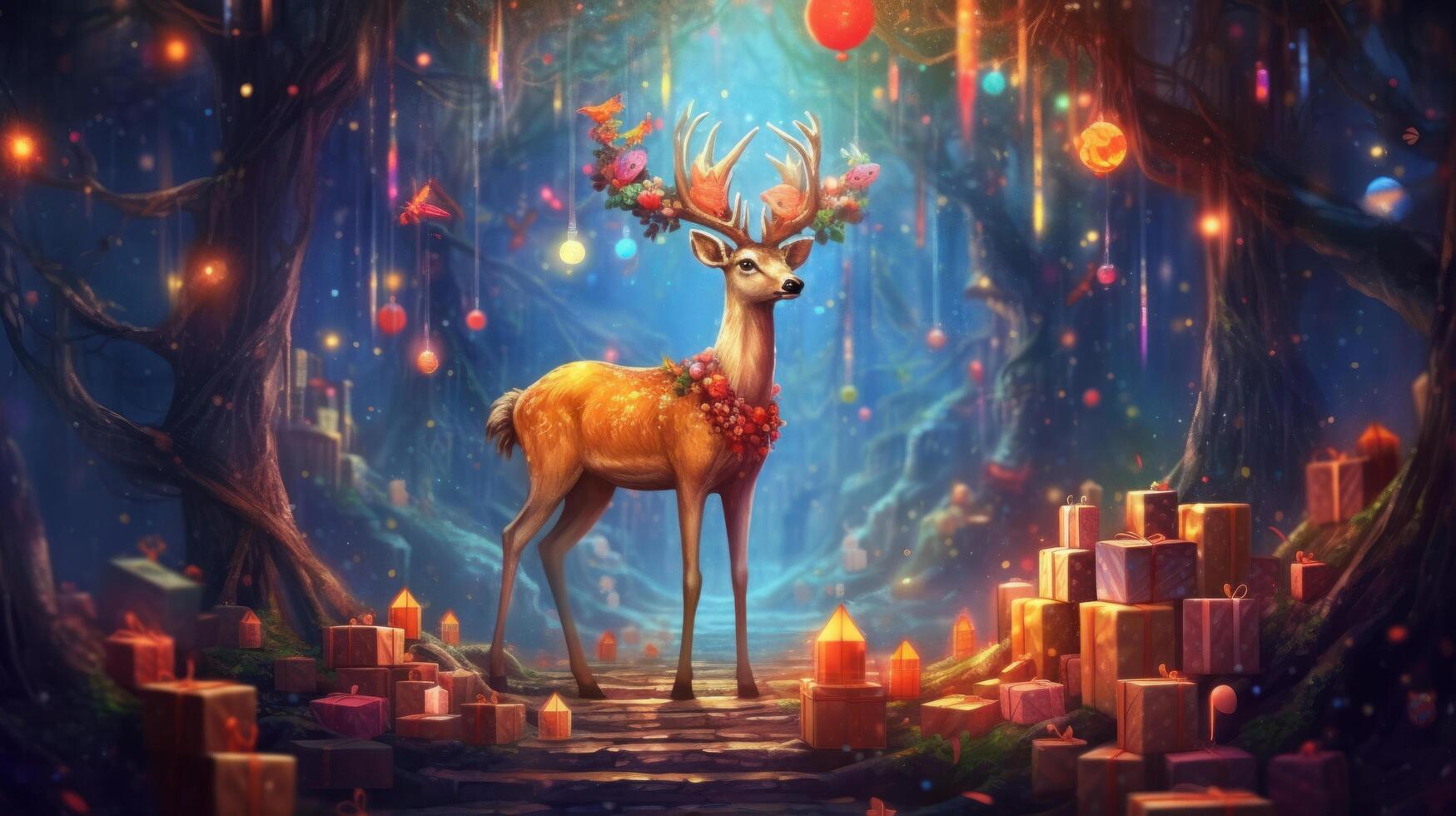 Magia Natale foresta con cervo. illustrazione ai generativo foto