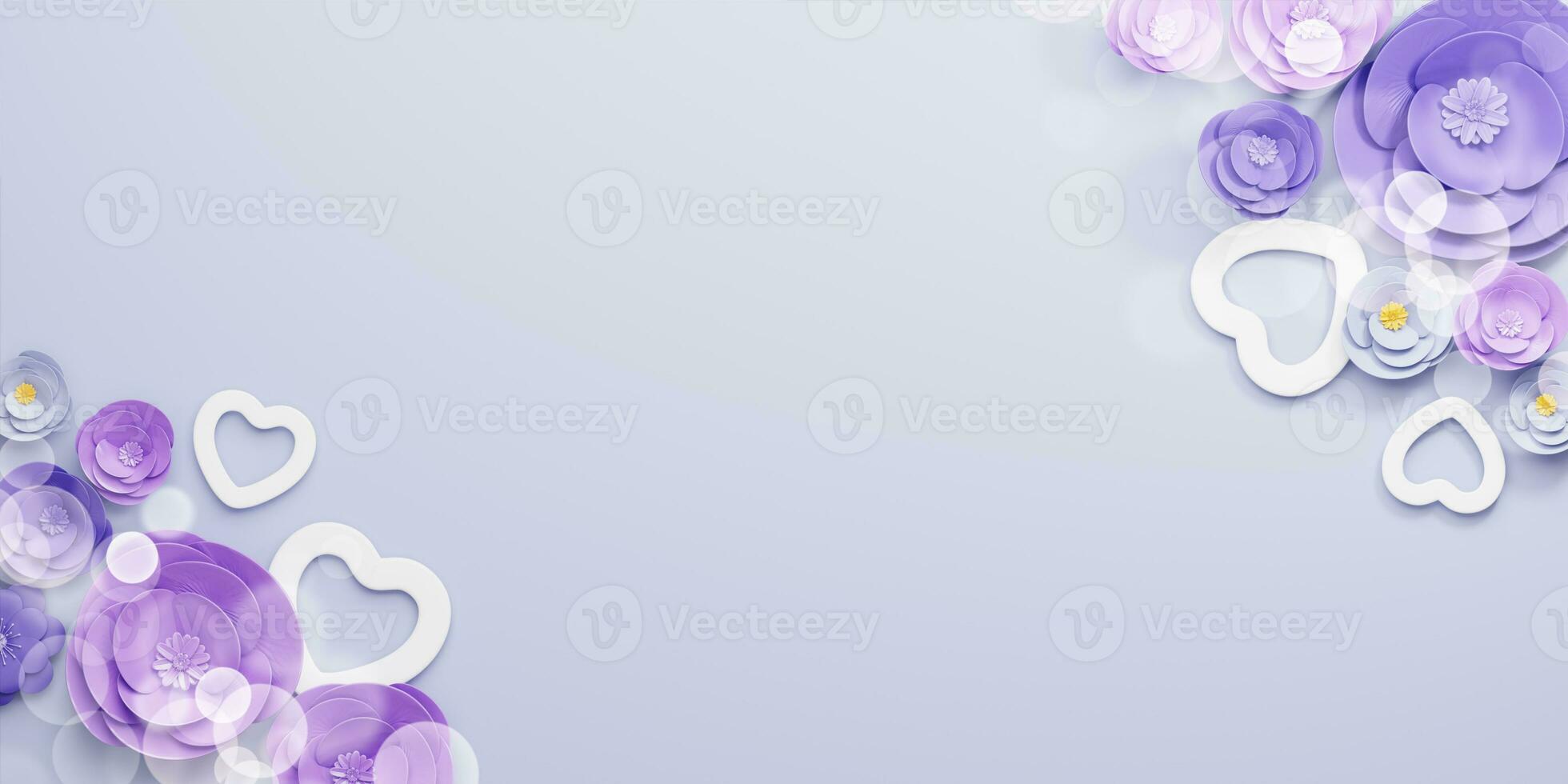 3d resa. design per La madre di giorno e San Valentino giorno illustrazione. viola rosa fiore e cuore forma, bokeh su viola sfondo. con copia spazio. foto