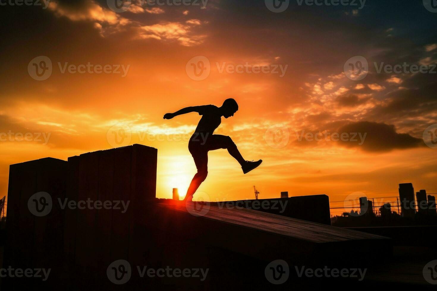 uomo parkour tramonto città. creare ai foto