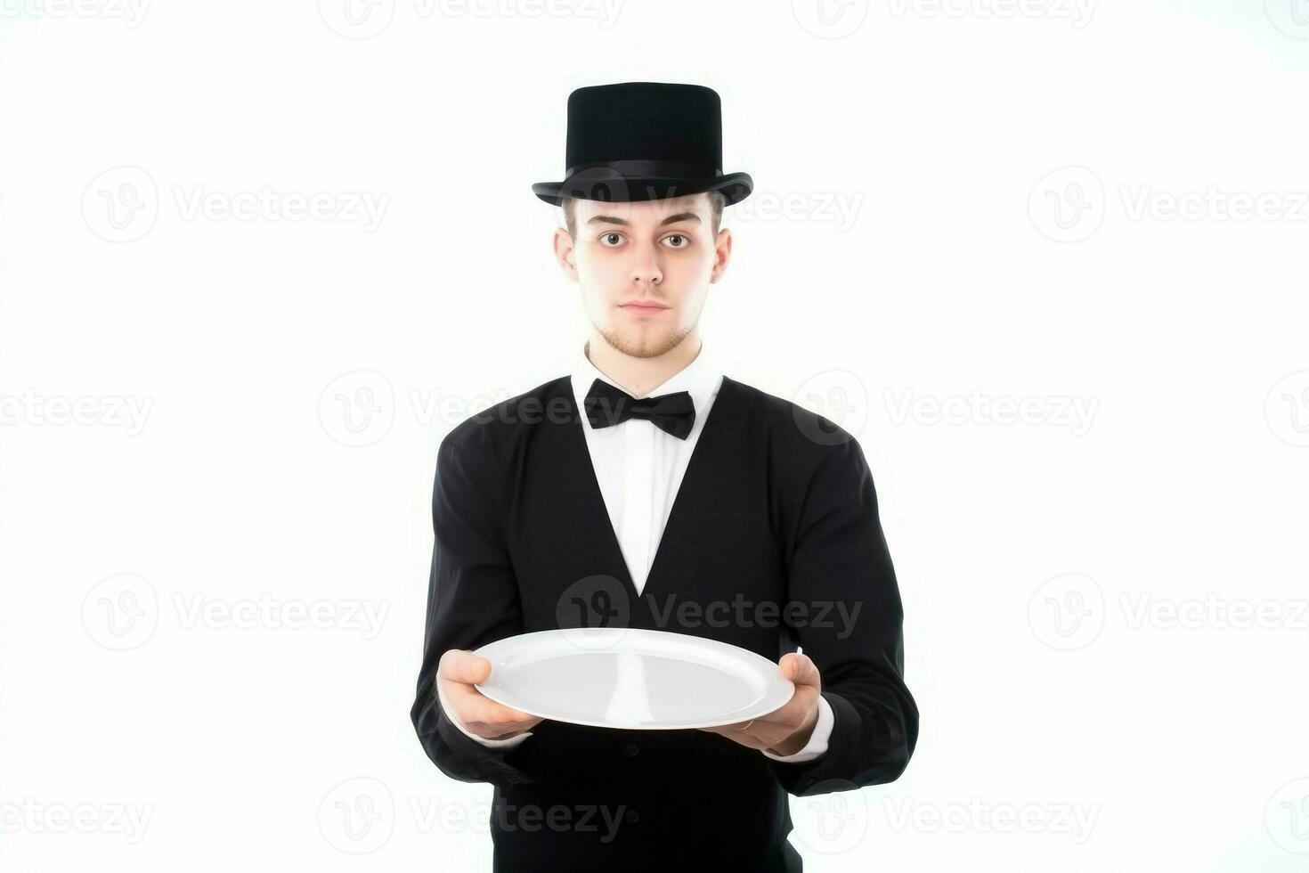 Cameriere superiore cappello vuoto vassoio. creare ai foto