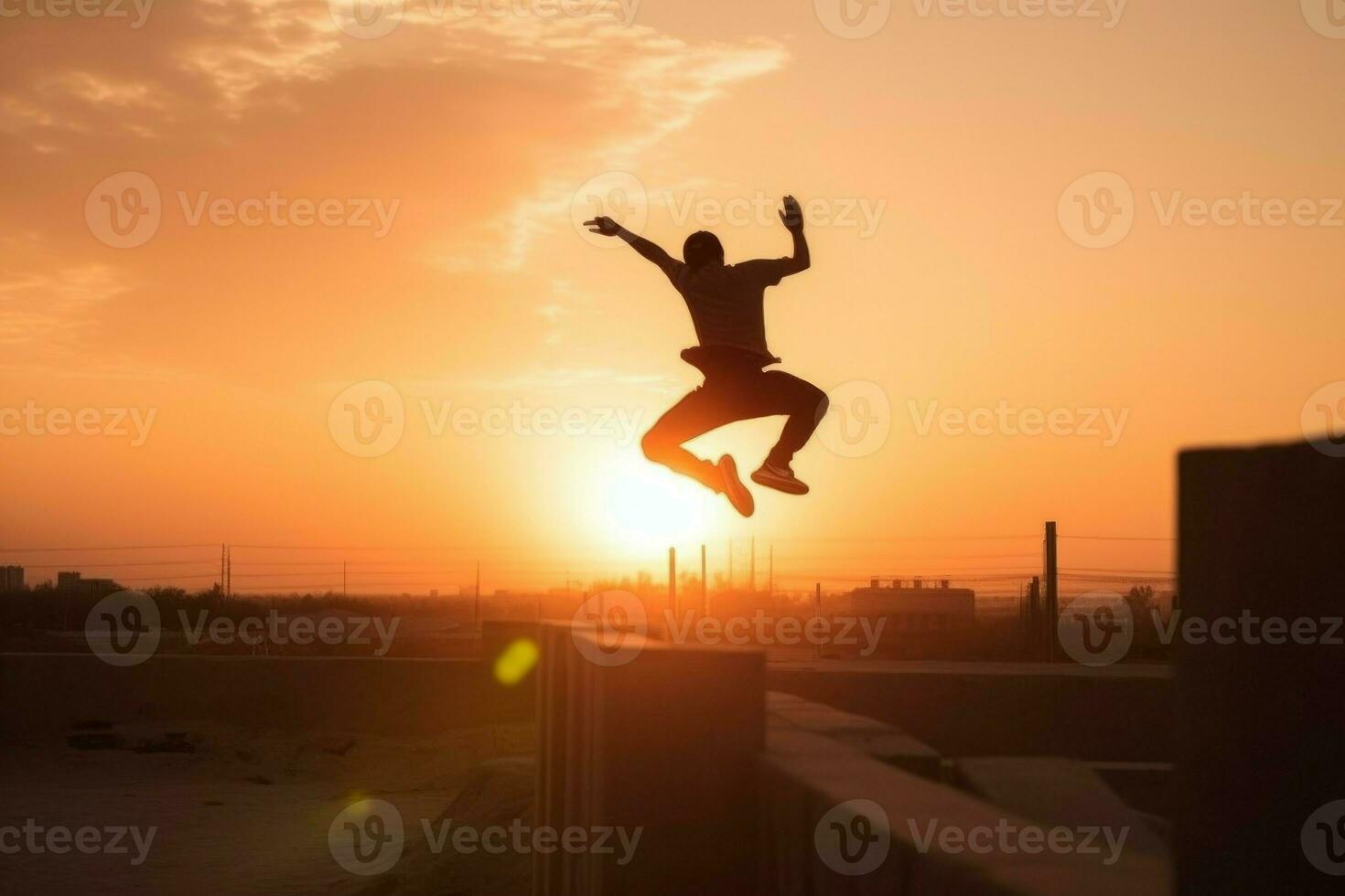 uomo parkour tramonto addestramento. creare ai foto