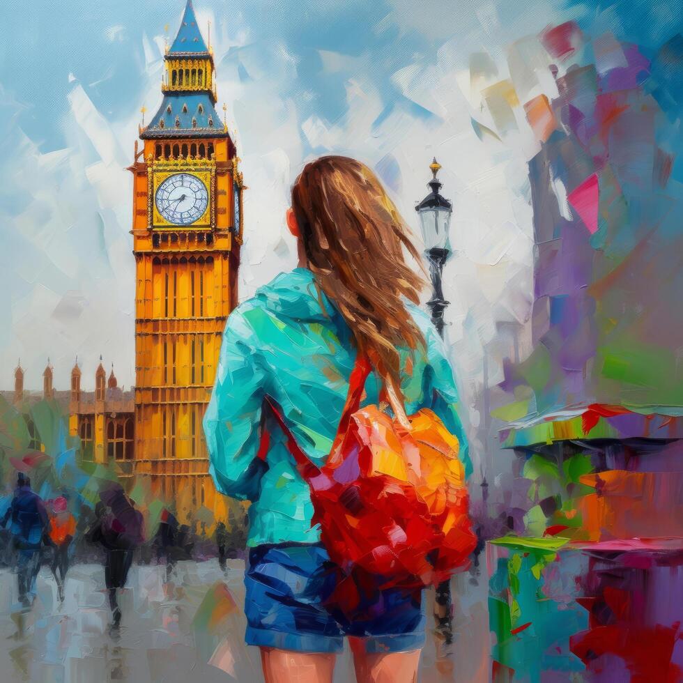 impressionista la pittura, indietro Visualizza di ragazza sembra per grande ben, Londra illustrazione ai generativo foto