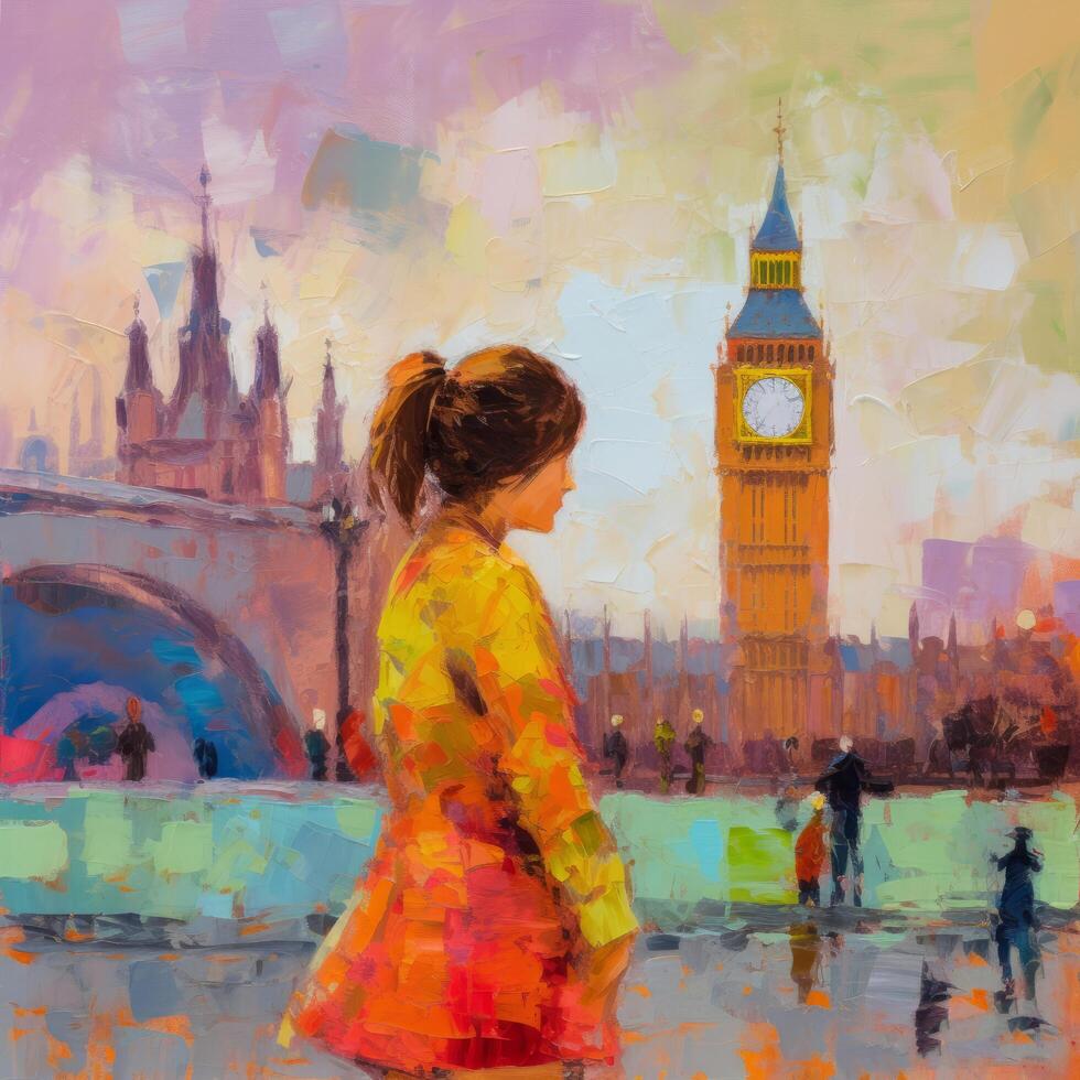 impressionista la pittura, indietro Visualizza di ragazza sembra per grande ben, Londra illustrazione ai generativo foto