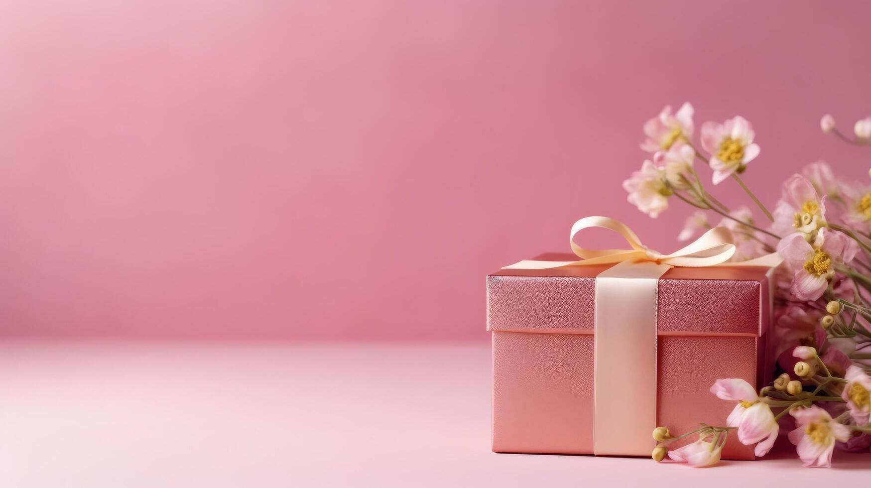 rosa regalo scatola sfondo. illustrazione ai generativo foto