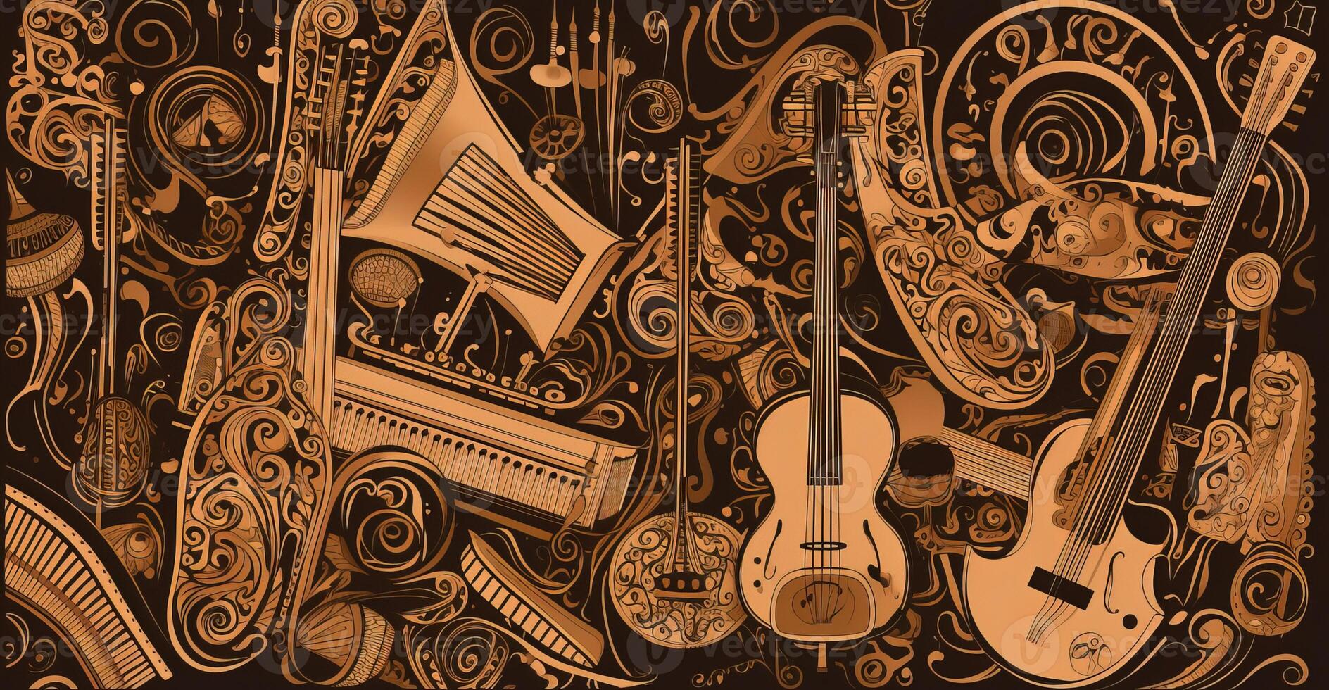 musica giorno, illustrazione sfondo con un' impostato di grafico kotnur strumenti. ai generato. foto