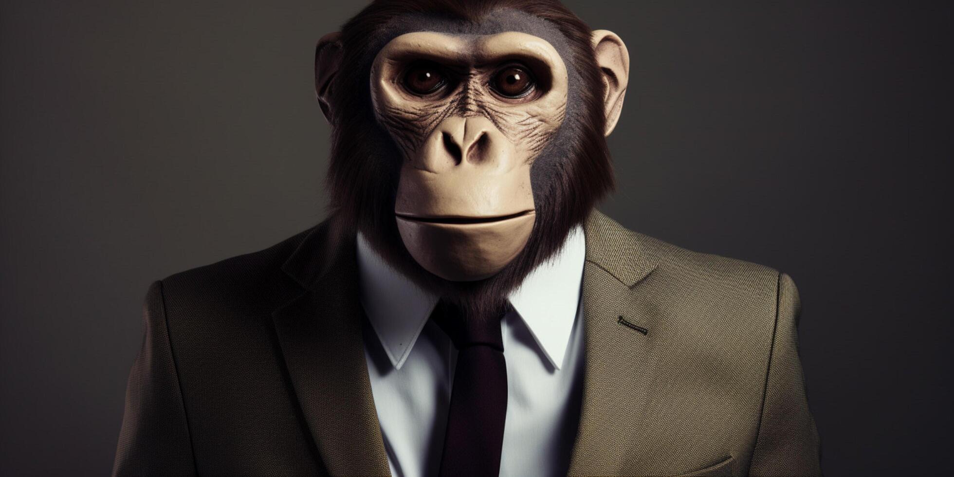 un' uomo nel un' completo da uomo con scimmia viso ai generato foto