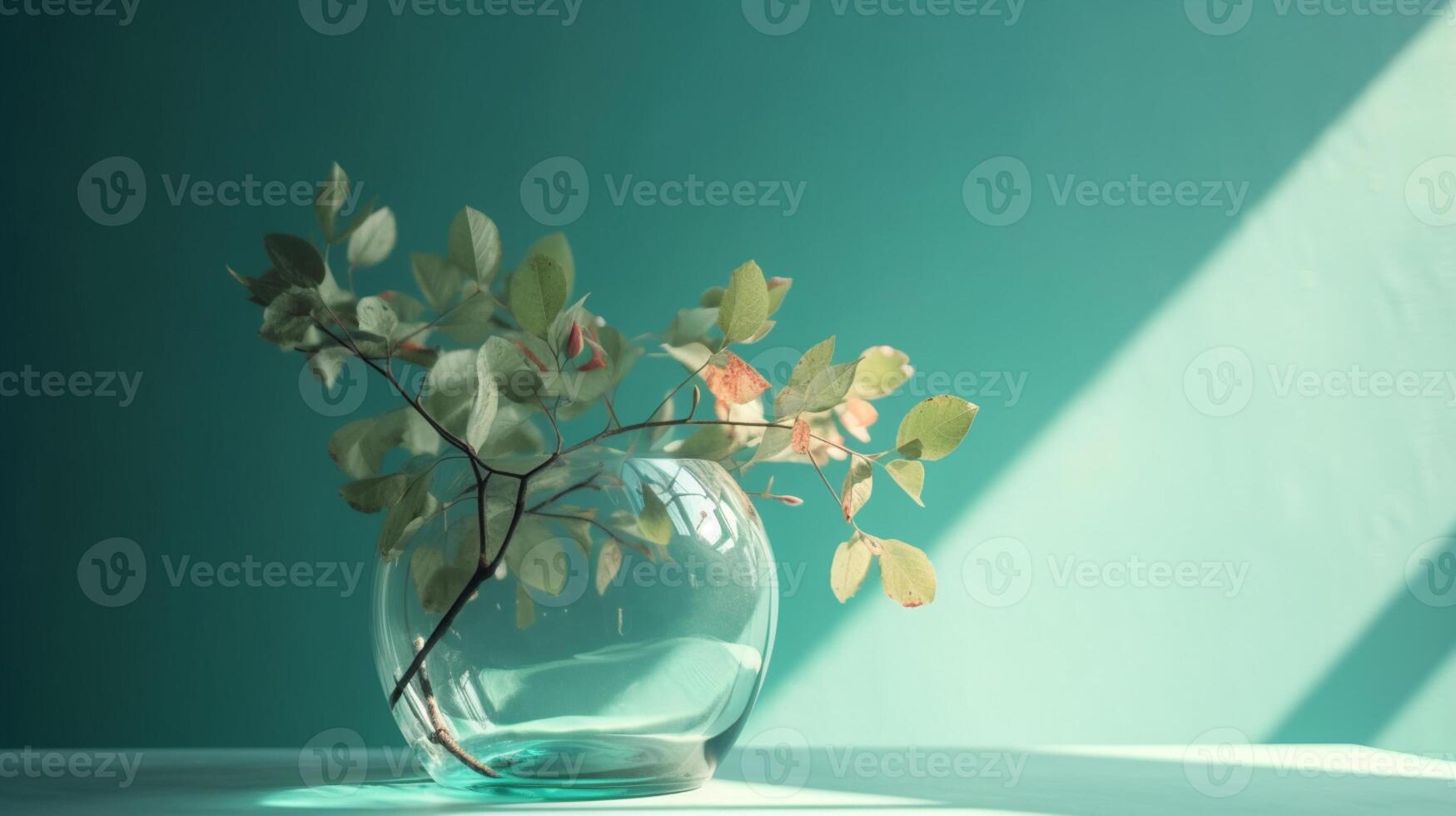 mazzo di albero rami nel il giro bicchiere vaso nel luce del sole in partenza ombre su pastello turchese parete. ai generativo foto