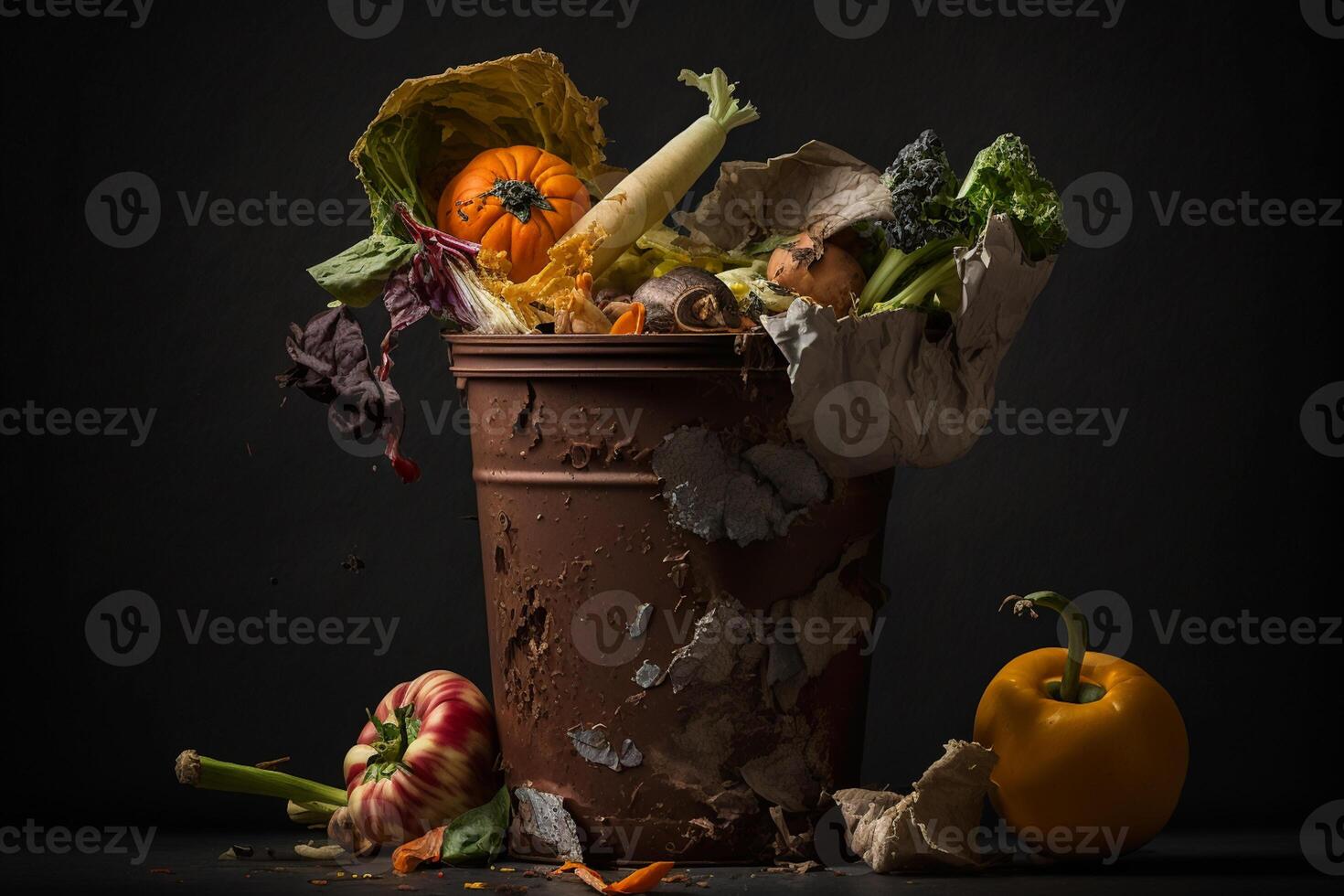 marcio verdure siamo gettato nel il spazzatura. cibo rifiuto e cibo perdita ottenere sbarazzarsi di cibo rifiuto a casa su un' buio sfondo. ai generativo foto