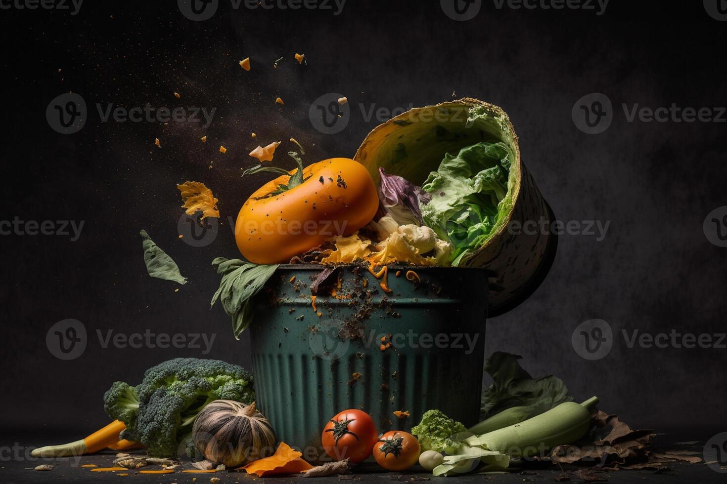 marcio verdure siamo gettato nel il spazzatura. cibo rifiuto e cibo perdita ottenere sbarazzarsi di cibo rifiuto a casa su un' buio sfondo. ai generativo foto