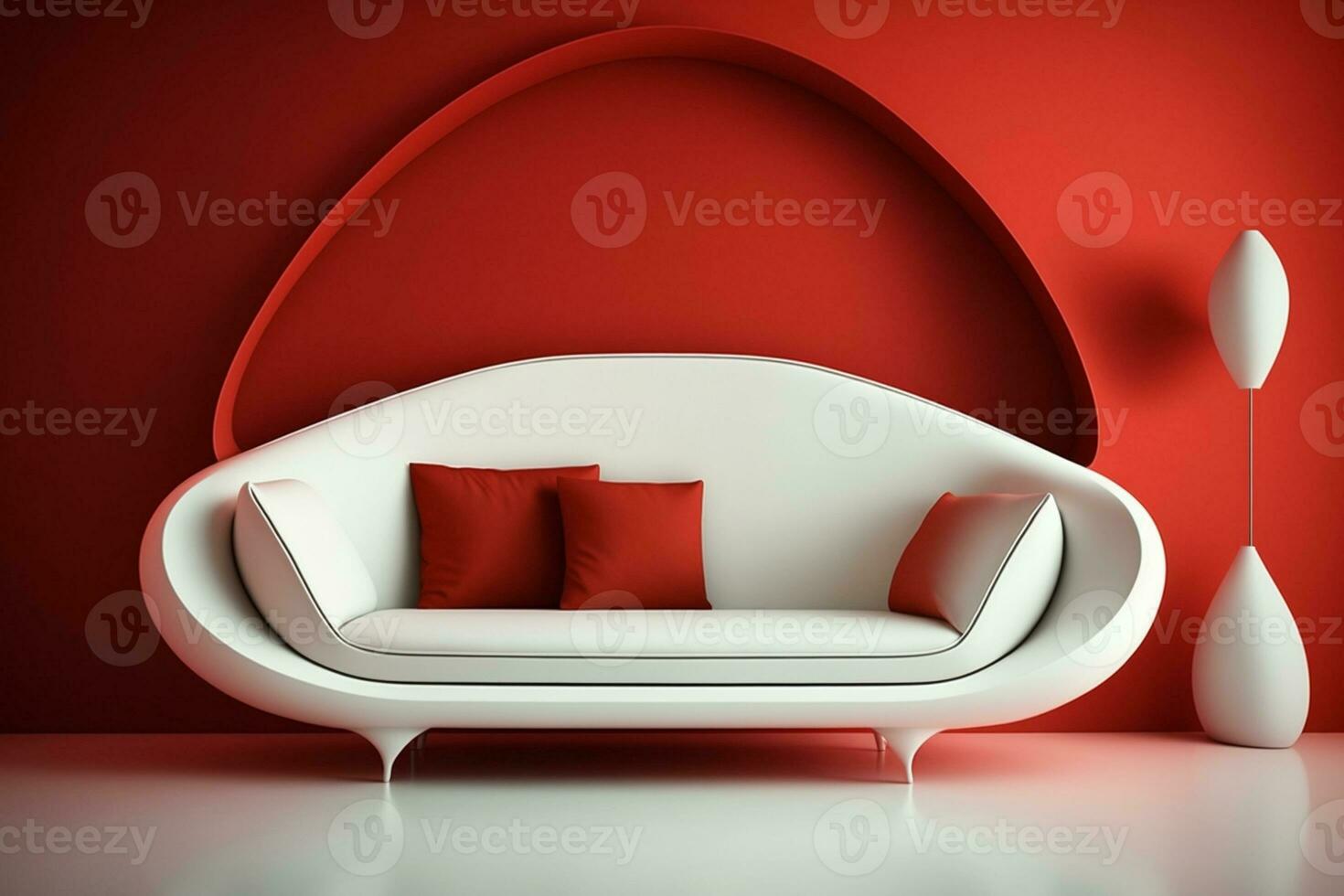 interno design di moderno bianca divano su rosso parete sfondo ai generato foto