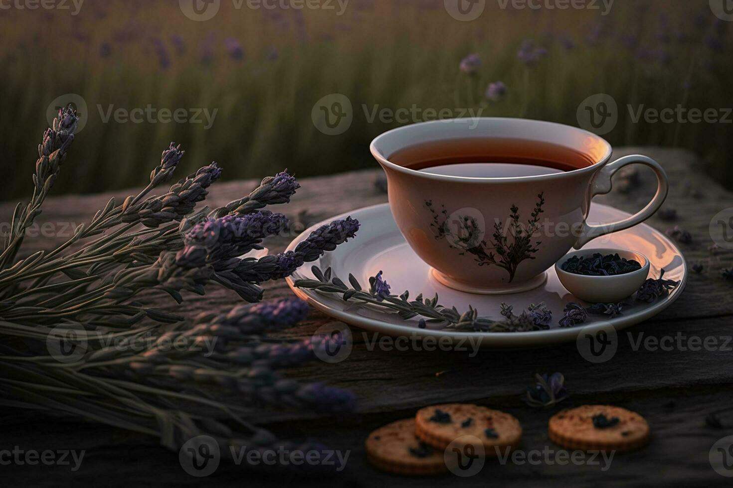 tazza di tè con lavanda fiori su un' di legno tavolo ai generato foto