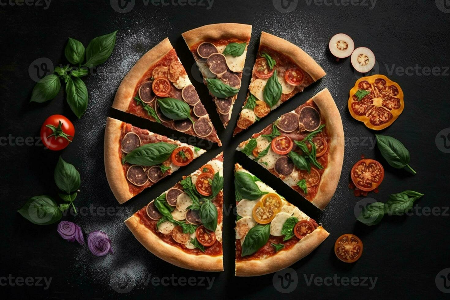 italiano Pizza su un' nero sfondo con superiore Visualizza ai generato foto