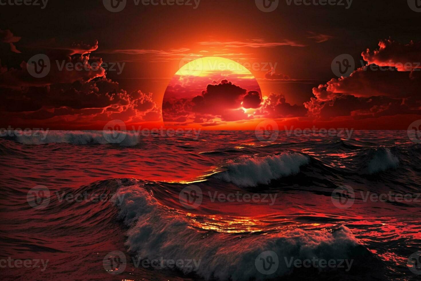 rosso tramonto nel oceano ai generato foto